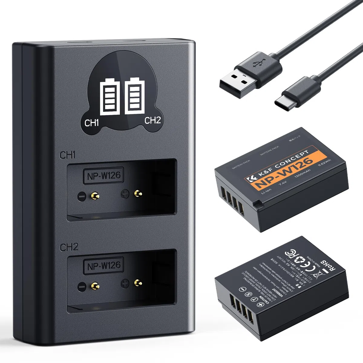 K&F CONCEPT NP-W126 NP-W126S Batería 2x1300mAh Compatibile con Fujifilm XM5/X100VI/X100V/XS10/XT30/XT30 II/XT20/XE4/A5, Cargador Rápido de Doble Ranura con Entradas Type-C y Micro-USB