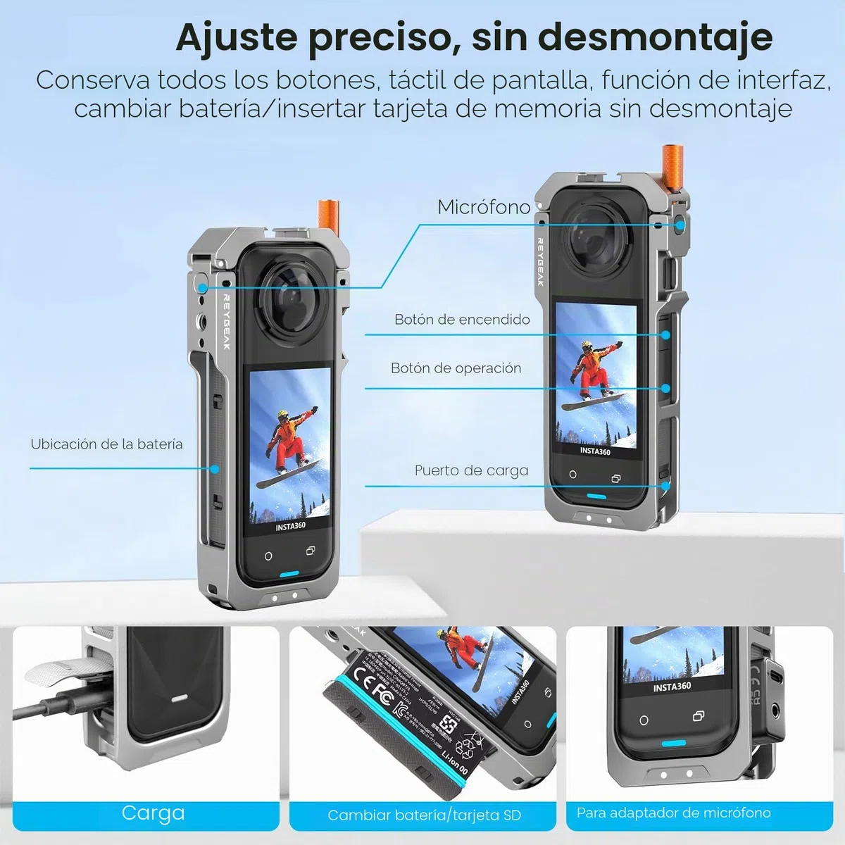 REYGEAK para el Marco de Utilidad Insta-360 x5, la Jaula de la cámara de Aluminio para Insta360 X5, Estuche Protectora con Cubierta de Lente de Silicona, Caja Protectora con 1/4 Dedos Plegables