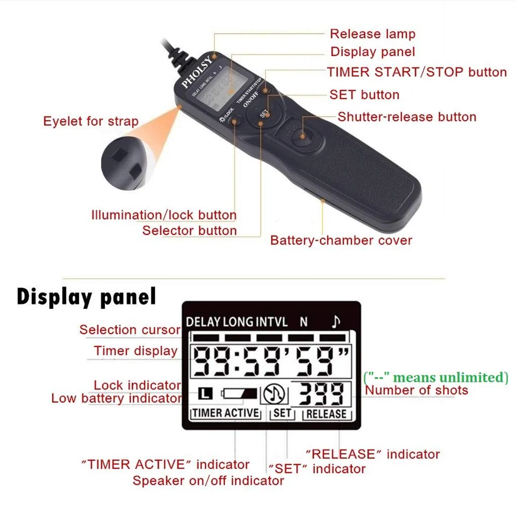 PHOLSY O6 Cámara Disparador a Distancia con Temporizador y Intervalómetro Mandos a Distancia para Olympus E-M1, E-M5 II, E-M5, E-M10 II, EM10, EPL8, EPL7, EPL6, EPL5, EPL3, EP5, E600, E620, 810UZ