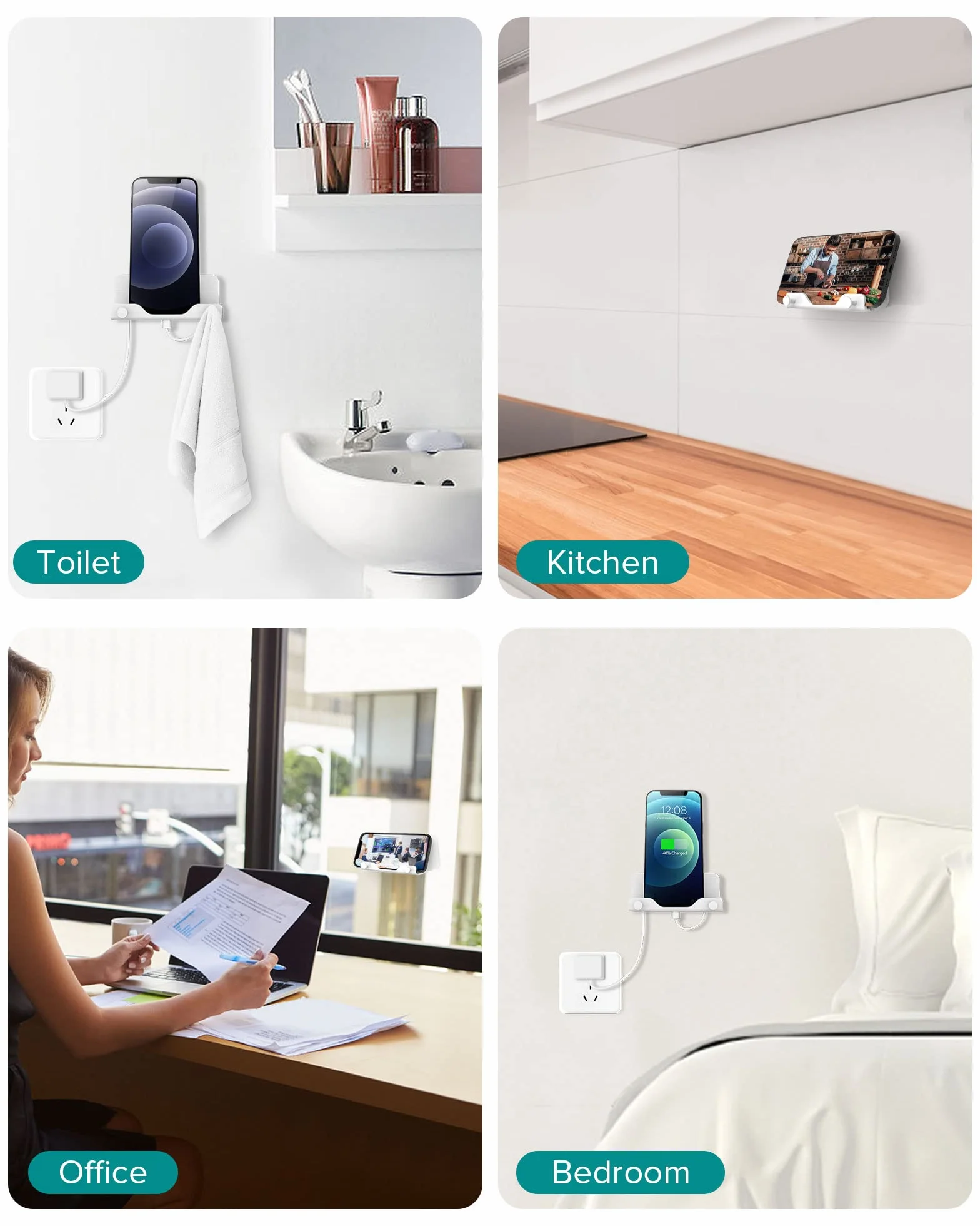 HomeMount Soporte de Pared para teléfono, Tira Adhesiva Manos Libres para Dormitorio, Sala de Estar, Cocina, Compatible con Todos los teléfonos o Mini iPad (2 Piezas - Blanco)