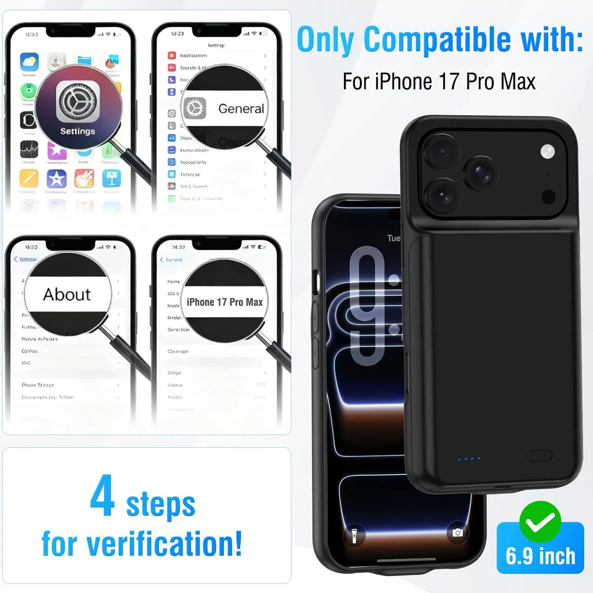 Funda de Batería para iPhone 17 Pro MAX (6.9 Pulgadas), Cargador Portátil de 8500 mAh, Funda Ultrafina con Batería Extendida, Cargador de Teléfono Y Funda Protectora con Función de Carga para