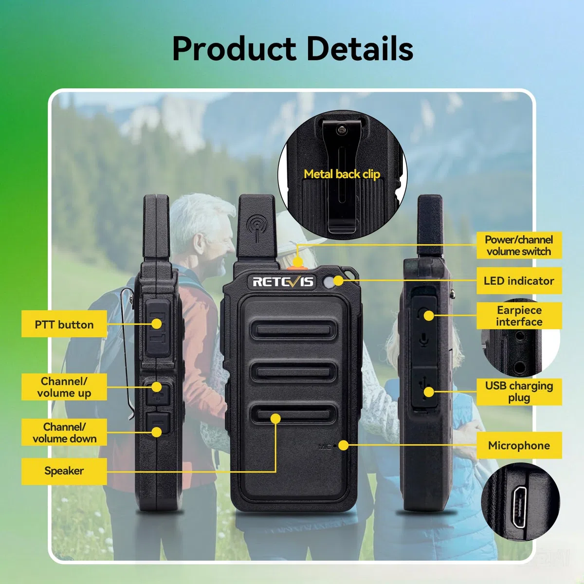 Retevis RT619 Walkie Talkie Recargable 1300mAh, PMR446 16 Canales Walkie Talkie Profesional, VOX Libre de Licencia, Mini Radiocomunicación para Familia, Viaje (2Pcs, Negro)