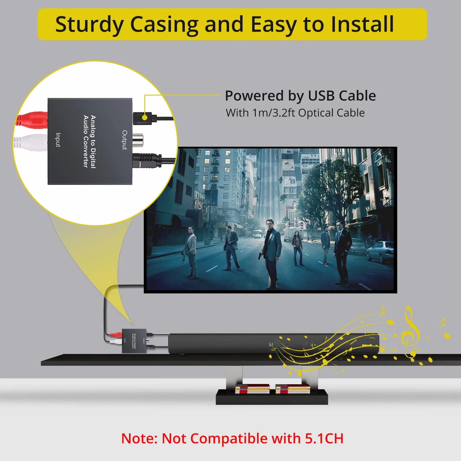 Convertidor de Audio Analógico a Digital de RCA y Jack 3,5 mm a Optico Toslink SPDIF Coaxial Adaptador de Audio con Cable Óptico para PS3 Blu-ray HD DVD AV Amplificador Barra de Sonido