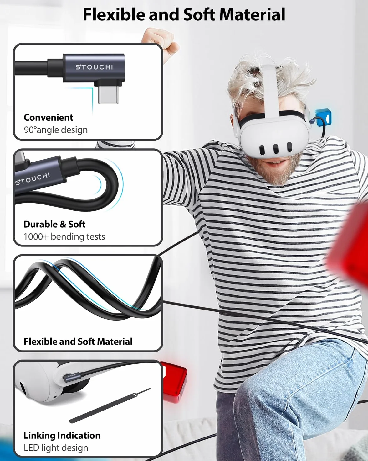 Stouchi Cable de Link 5M Compatible con Meta/Oculus Quest3/2/Pro,PICO 4 Accessories PC/Steam VR, VR Headset Cable High Speed ​​PC Datos Transferencia Carga rápida USB 3.0 a USB C Cable para Gaming PC