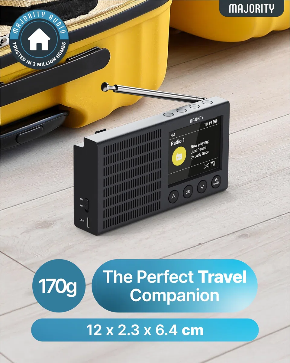 Radio Dab Plus Pequeña, Bluetooth Recargable Digitaradio, LCD, 40+ Presets, Reloj Despertador Doble, Radio Dab Plus, Digital, FM | MAJORITY Eddington Pequeña Radio