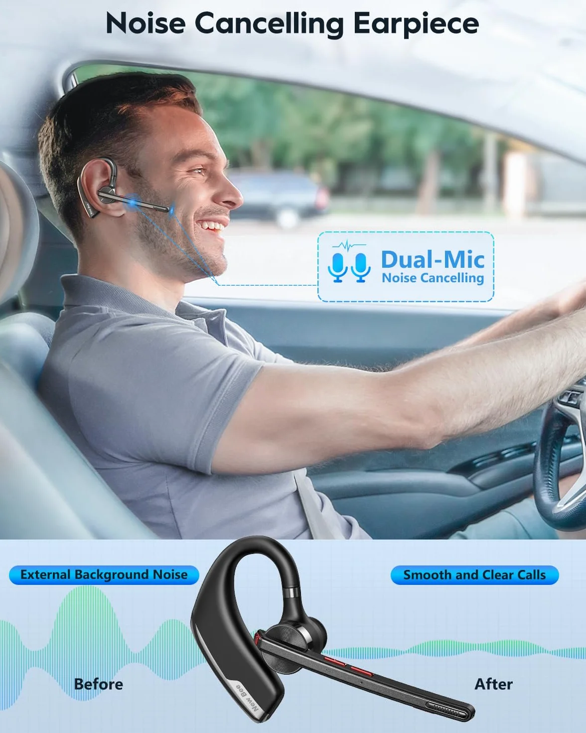 New Bee Auriculares Manos Libres V5.2 Auricular Bluetooth Inalámbrico Negocio con Micrófono con Doble ENC Cancelación de Ruidos Auricular de Ergonomía Peso Ultraligero