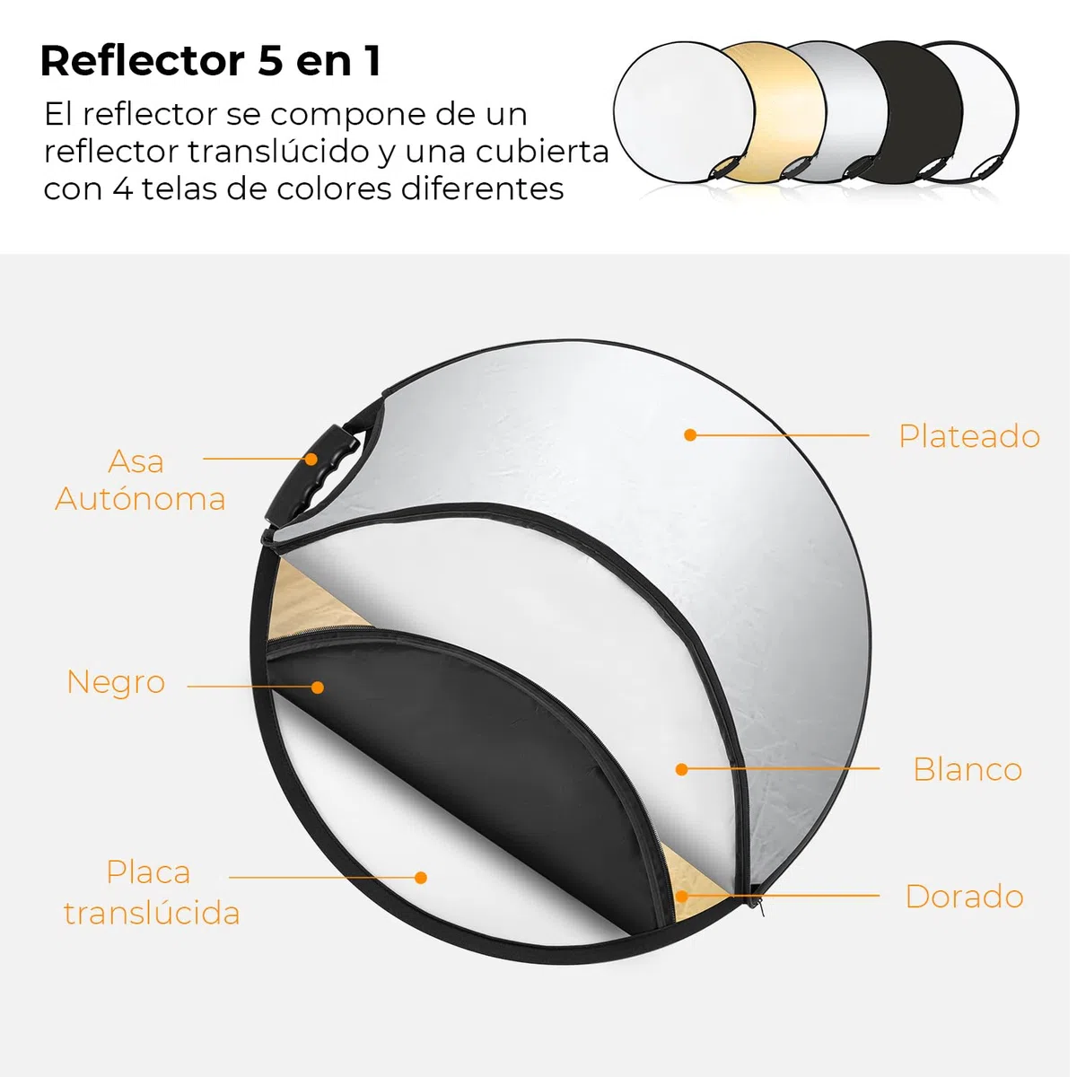 K&F CONCEPT Reflector de Luz 5 en 1 Difusor de Fotografía de 22"(60cm) Colapsable Portátil para Iluminación de Estudio y Exterior Oro Plata Blanco Negro Translúcido