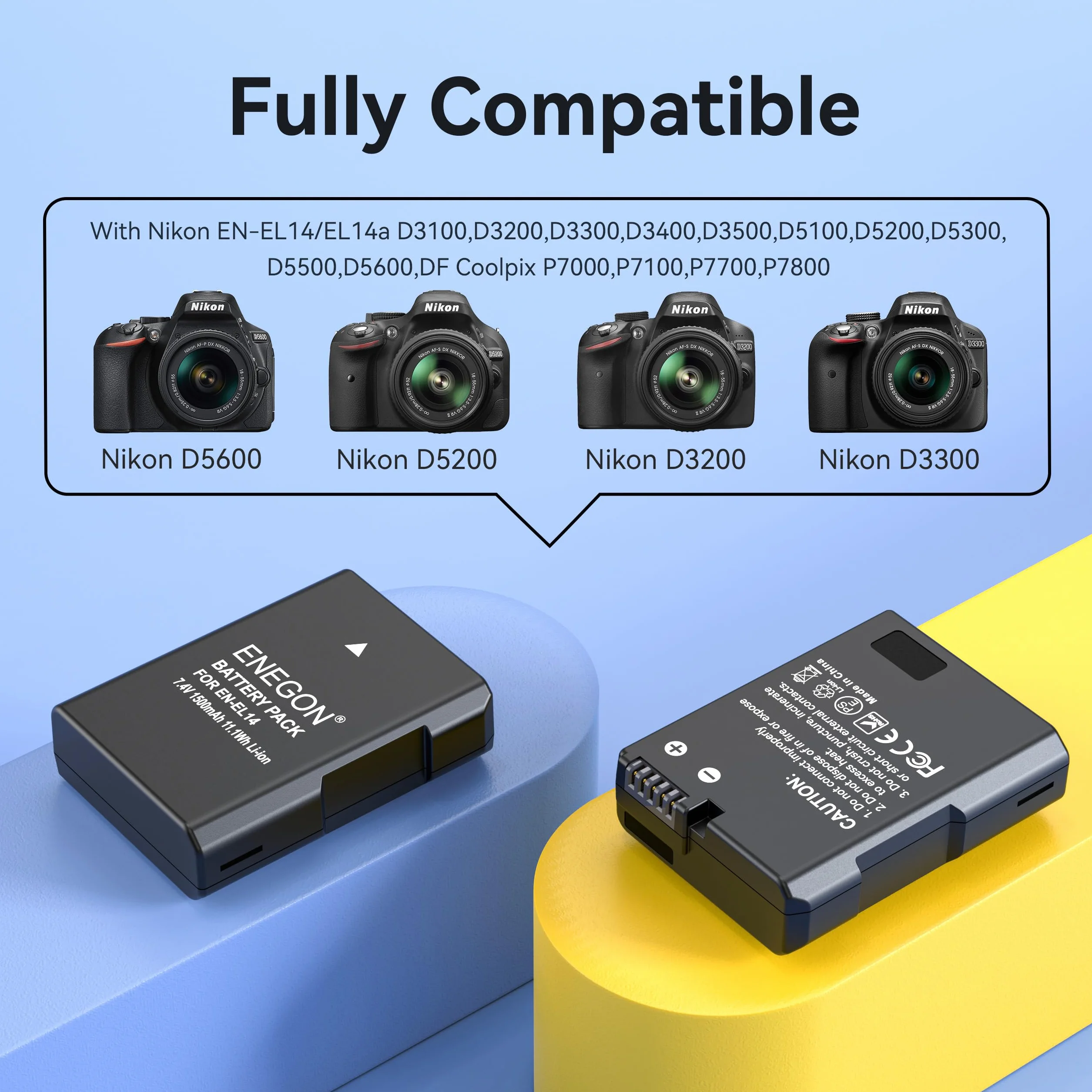 ENEGON Batería de Repuesto (Paquete de 2) y Kit de Cargador rápido para Nikon EN-EL14/EN_EL14a y DSLR D3100, D3200, D3300, D3400, D3500, D5100, D5200, D5300, D5500, D5600