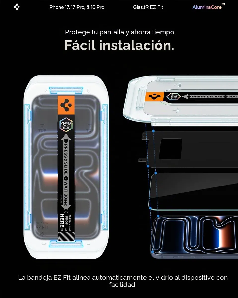 Spigen Glas.tR EZ Fit Protector Pantalla para iPhone 17, iPhone 17 Pro, iPhone 16 Pro, 2 Unidades, Instalación Fácil, Alta Definicion, Dureza 9H