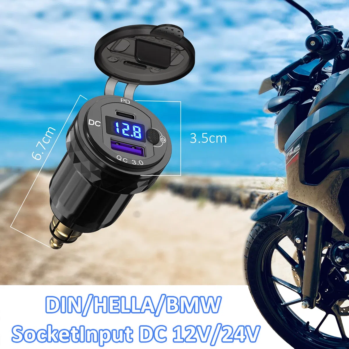 Qidoe Adaptador de Cargador USB Moto DIN: Enchufe USB Hella de Aluminio PD y QC3.0 con Pantalla LED Voltaje e Interruptor para 12V-24V Motocicletas Ducati, Triumph, BMW y Otras Motos Estilo Europeo