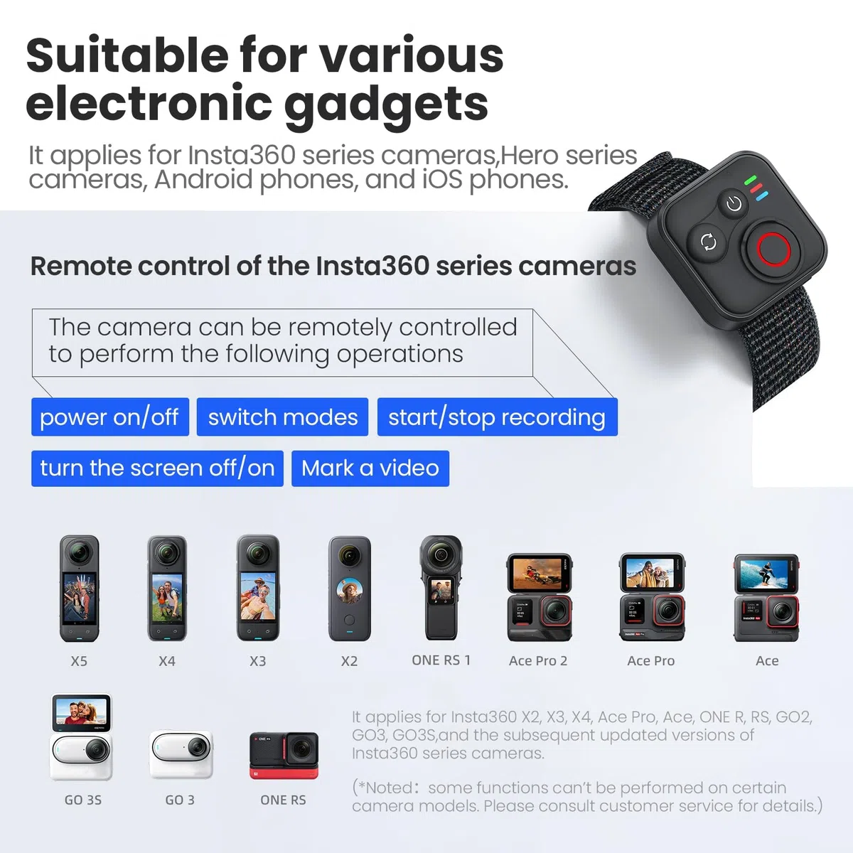 Mando a distancia inteligente Blue-tooth para Insta360 X5/X4/X3/Go 3S/ACE pro 2/ACE Pro/ONE X2, control remoto de acción inalámbrico de rango de 50 m con correa de muñeca para vlogging, 96 horas de