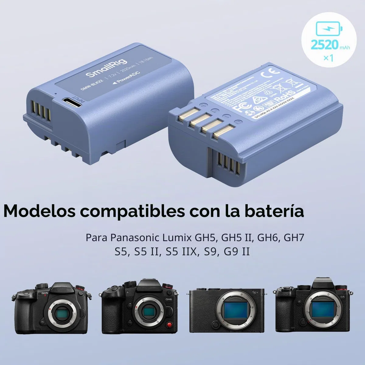 SMALLRIG Batería Compatible con DMW-BLK22 de Repuesto de 2520mAh con Puerto USB-C,Battery Completamente Cargada Durante 2,5h para Panasonic LUMIX S5,S5II,GH7,GH6,GH5,S9,S9II,S5 IIX,Azul - 4906