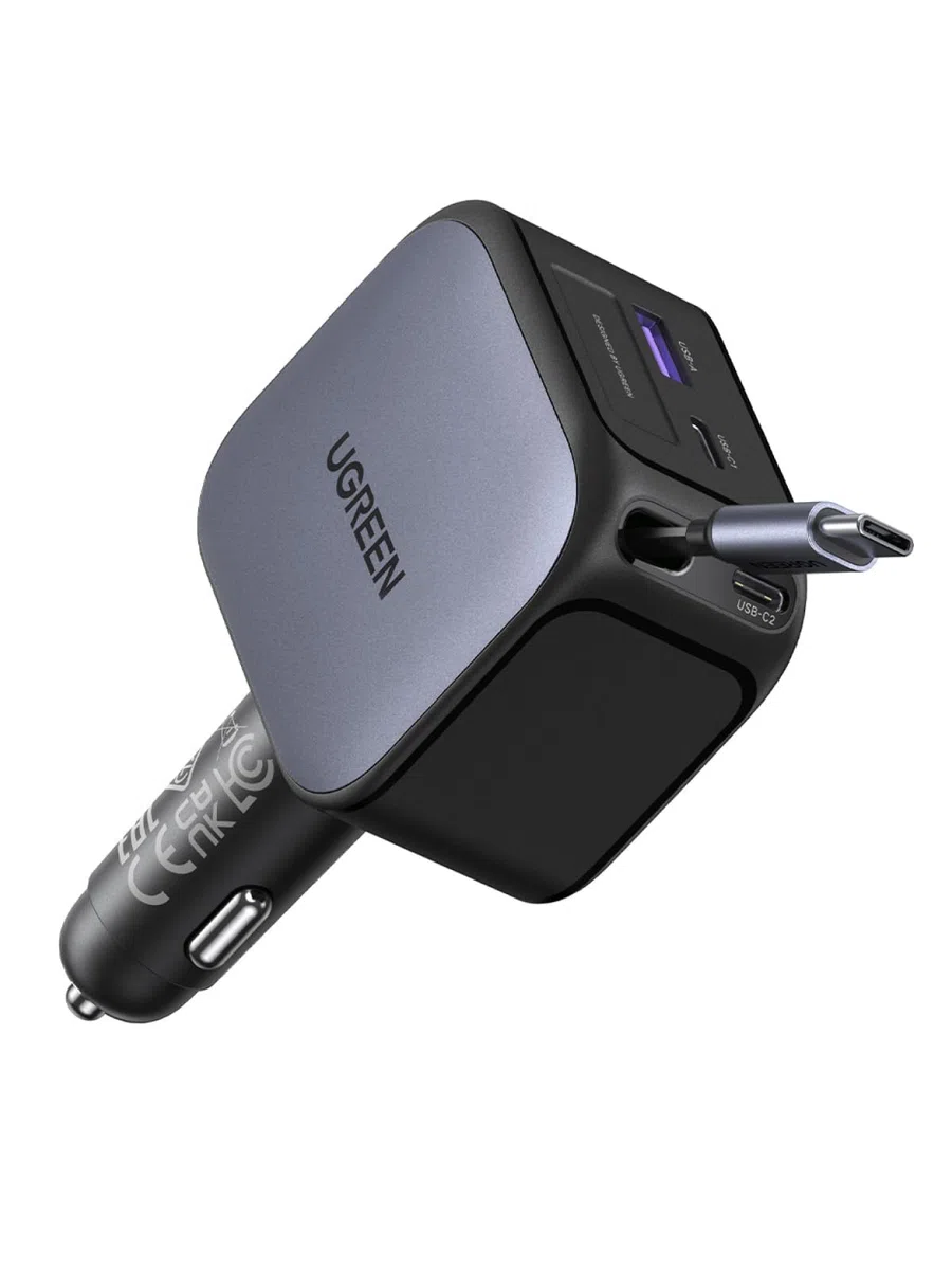 UGREEN 145W Cargador Coche Retráctil Carga Rápida, Car Charger USB C 4 Puertas con Cable Retractil, Compatible con iPhone 17 Pro MAX Air/iPhone 16/15/14, Galaxy S25/24, Pixel 10/9, MacBook, iPad Pro