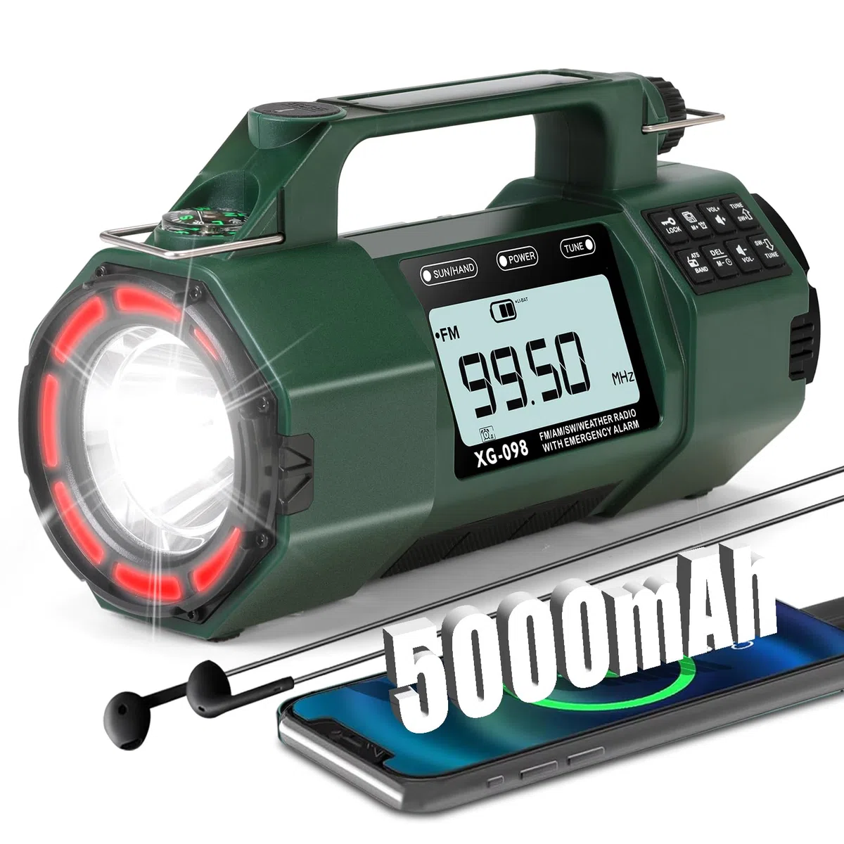 Radio meteorológica de emergencia, batería reemplazable 5000mAh, radio solar de manivela con alerta AM/FM/SW/NOAA, reloj despertador, temporizador, brújula, cargador de teléfono móvil, conector para