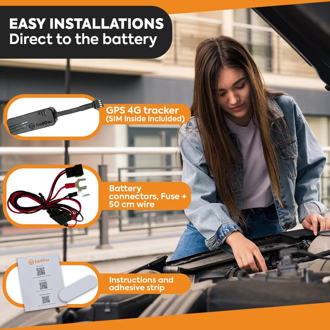 Localizador GPS 4G para Coche Moto y Camión con Conexión Directa a la Batería y SIM Integrada, Rastreador con App, Alerta Antirrobo, Exceso Velocidad y Geovalla, Suscripción Flexible