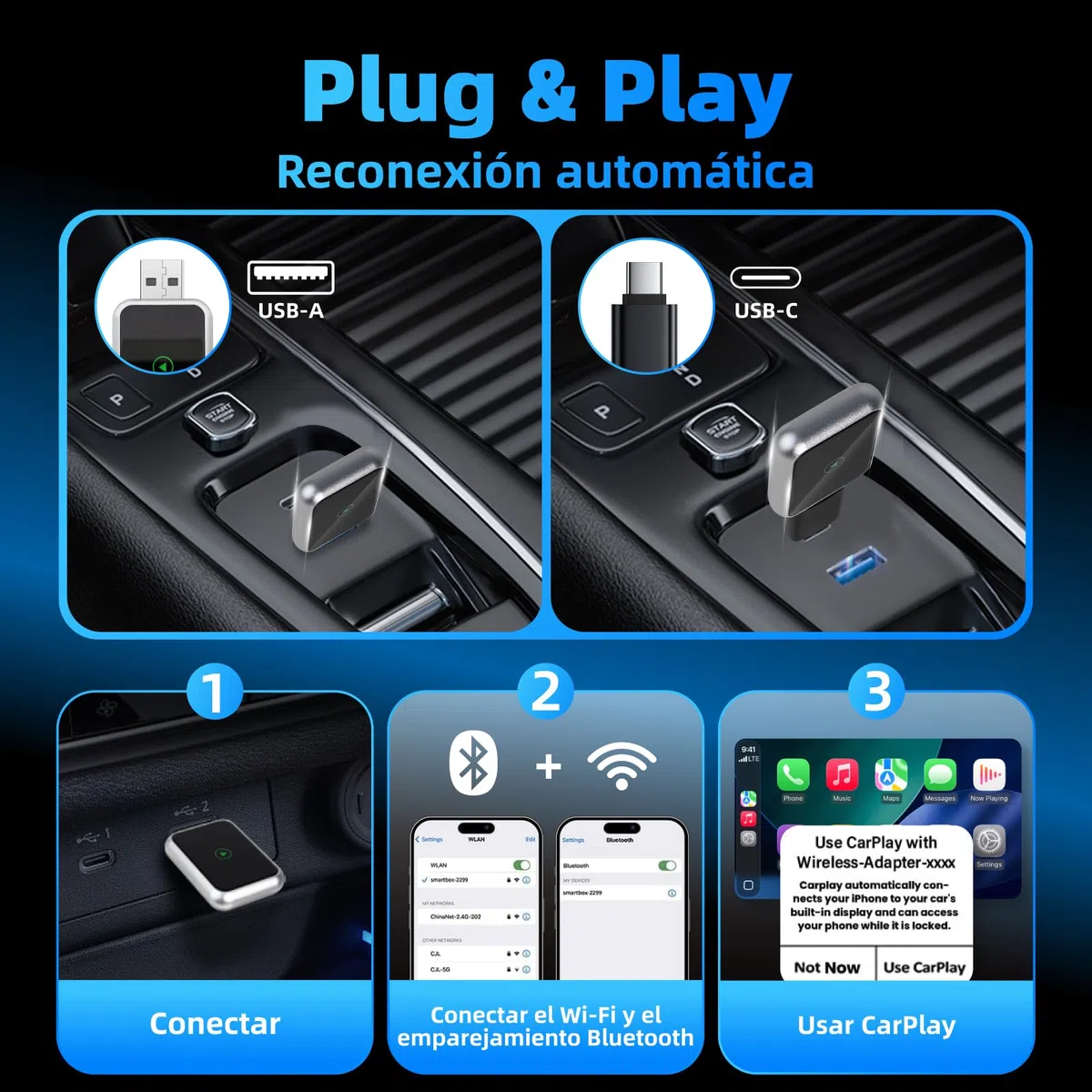 Linghuang Mini Adaptador Carplay Inalambrico & Adaptador Android Auto Inalambrico, Convierte de Cableado a Inalámbrico, Plug & Play, Conexión Rápida y Estable, Compatible con iOS 10+ & Android 11+