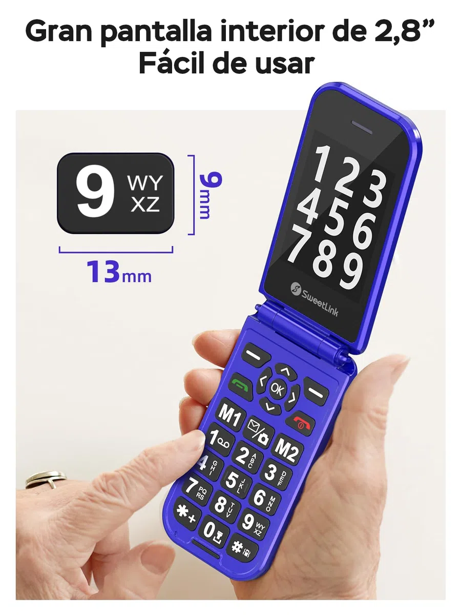 SweetLink F4 Plus 4G - Teléfono Móvil para Personas Mayores con Tapa, Teclas Grandes y Pantalla de 2,8”, Batería 1400mAh, Botón SOS, Contacto con Foto, Base de Carga USB-C, Doble Nano SIM, Azul