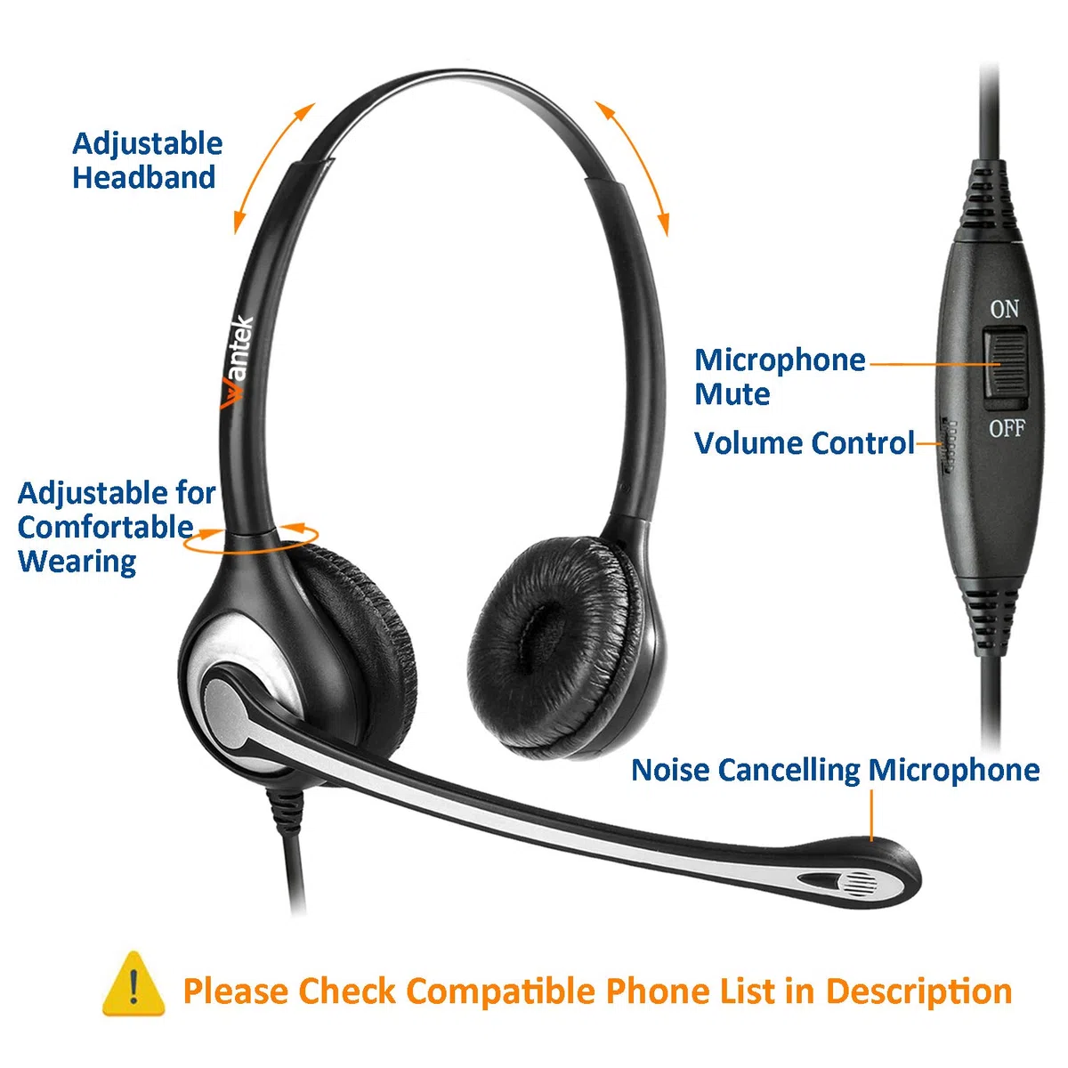 Auriculares Teléfono Fijo Inalámbrico 2,5 mm Dual, Micrófono con Cancelación de Ruido, WANTEK Cascos con Control de Volumen para Gigaset Panasonic Grandstream Teléfonos DECT(F602J25)