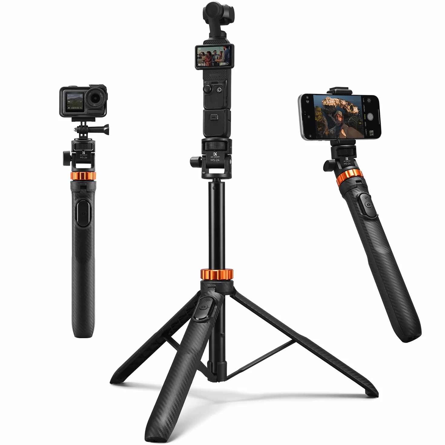 K&F CONCEPT MS24 Trípode Palo Selfie 175 cm Tripode iPhone con Conector de 1/4'' Palo Selfie GoPro, Mando a Distancia Bluetooth Compatible con iPhone/dji OSMO Action 5 Pro/Insta 360 X5/Pocket 4