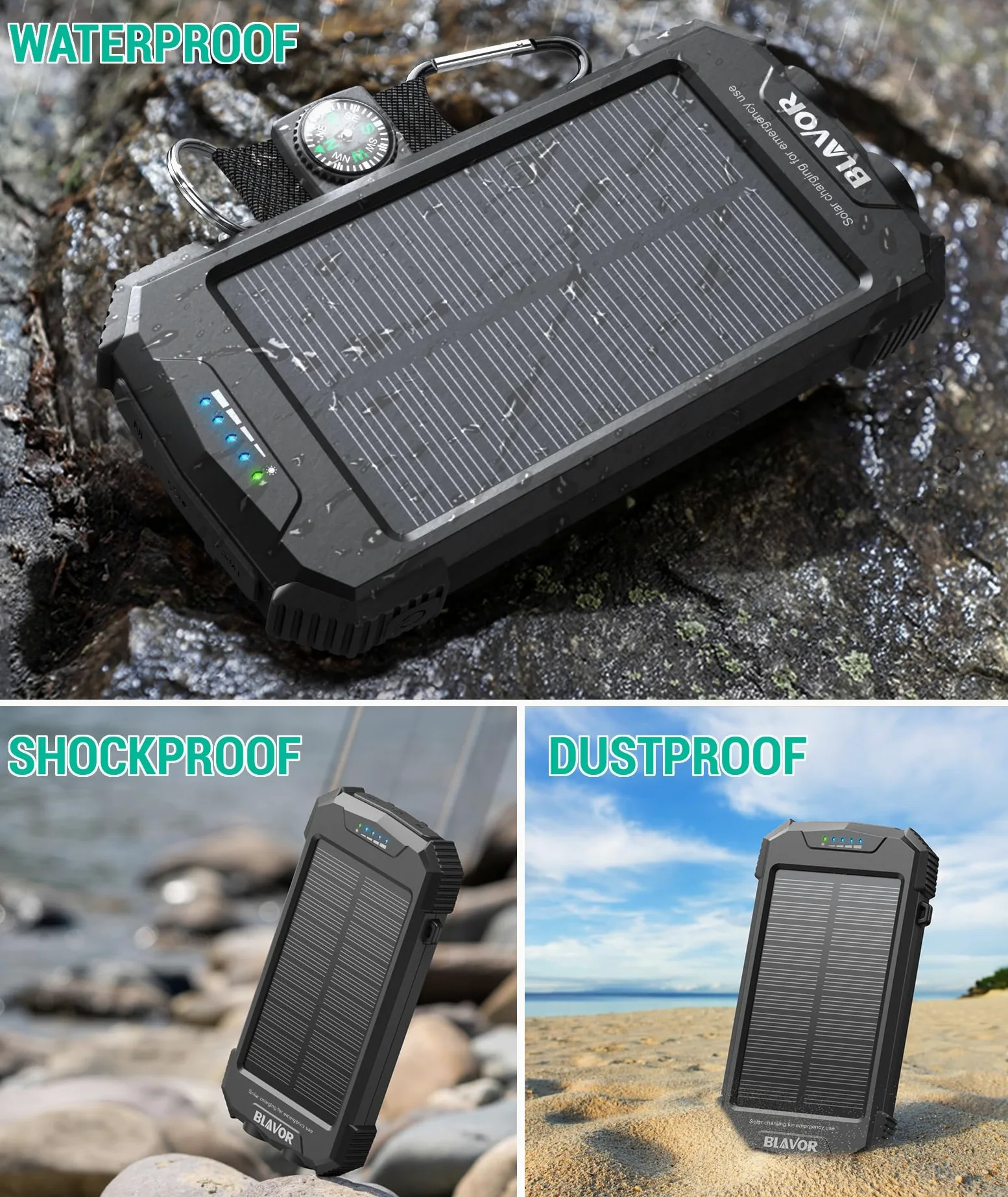 Solar Power Bank Cargador Solar 10000mAh, Banco de energía USB C portátil con Panel Solar Qi Carga rápida inalámbrica Batería de Camping Cargadores solares para teléfono móvil