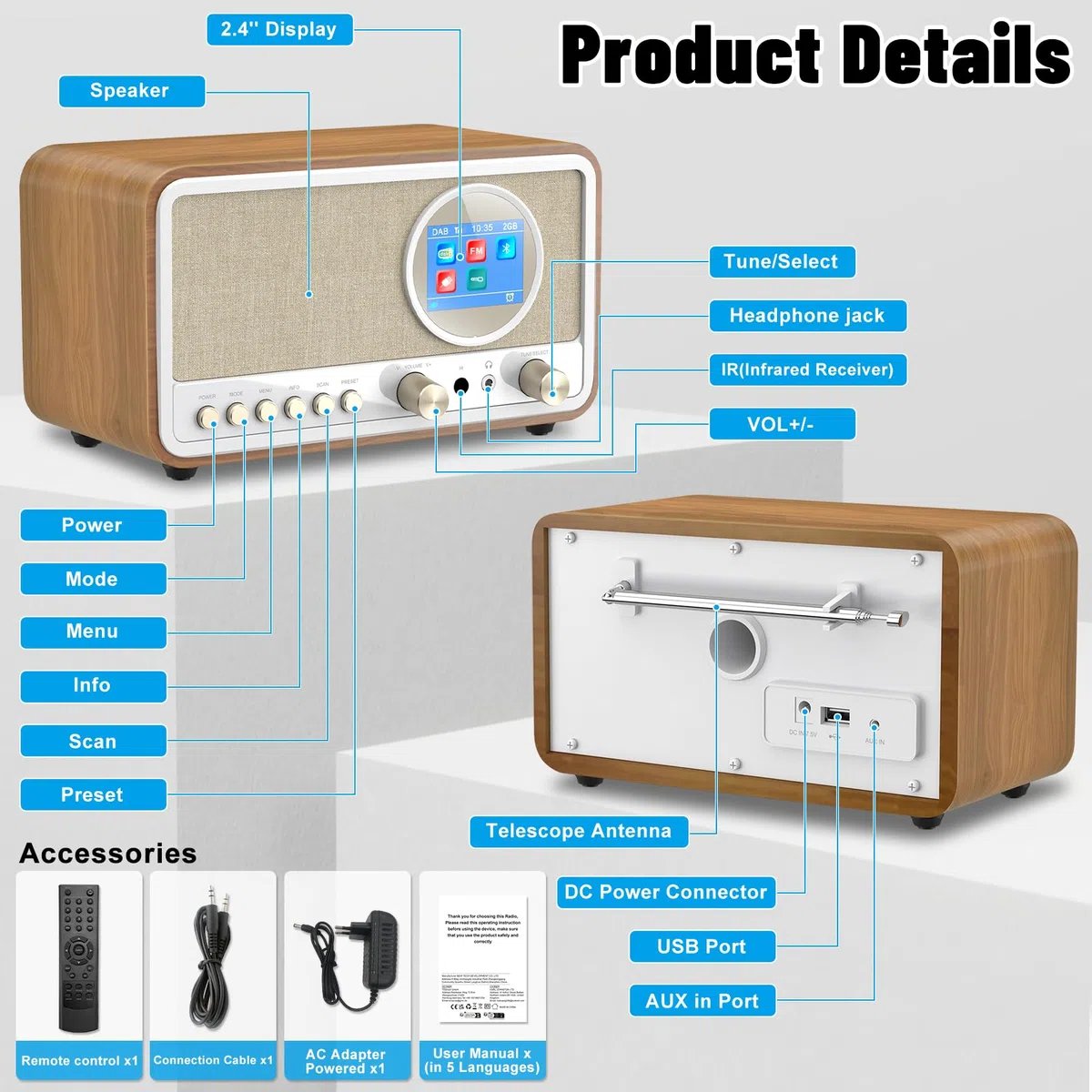 Radio DAB+/FM con Bluetooth, Radio Digital de Cocina, Radio Despertador con Mando a Distancia, Negro