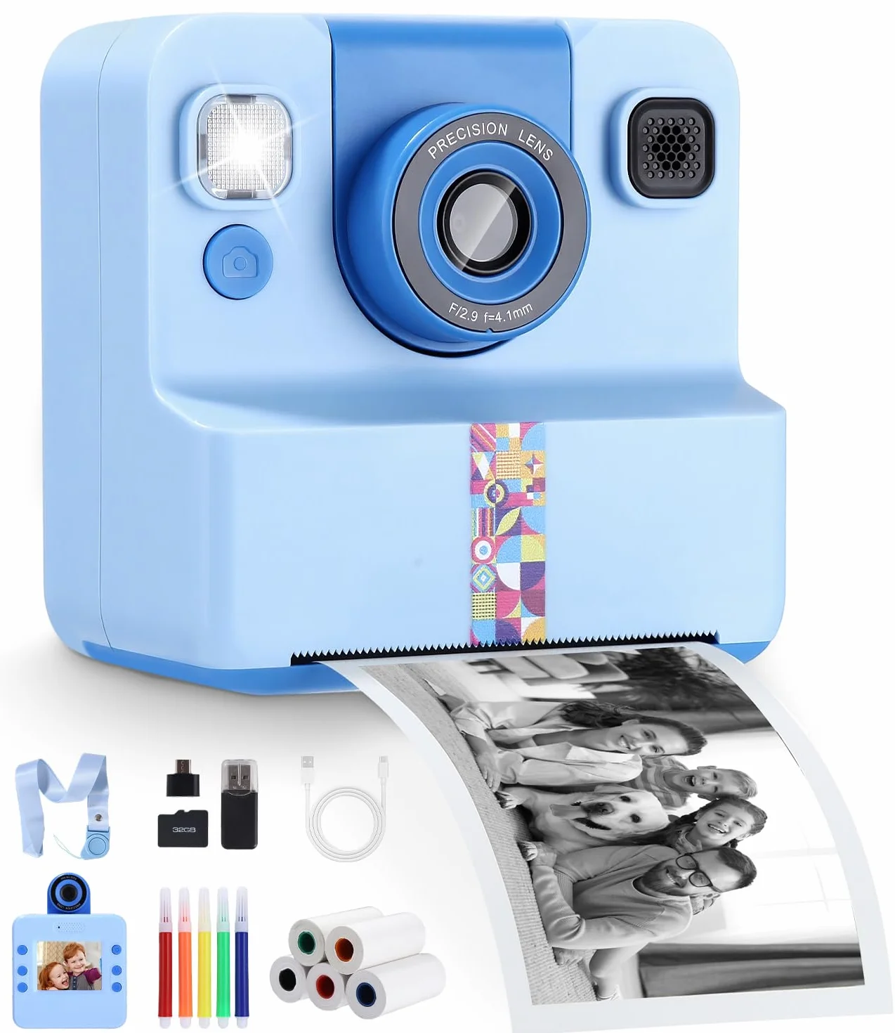 Cámara instantánea para niños, 1080P HD, cámara instantánea con impresión instantánea, tarjeta SD de 32 GB y 5 rollos de papel fotográfico, regalo para niñas y niños a partir de 3 – 12 años