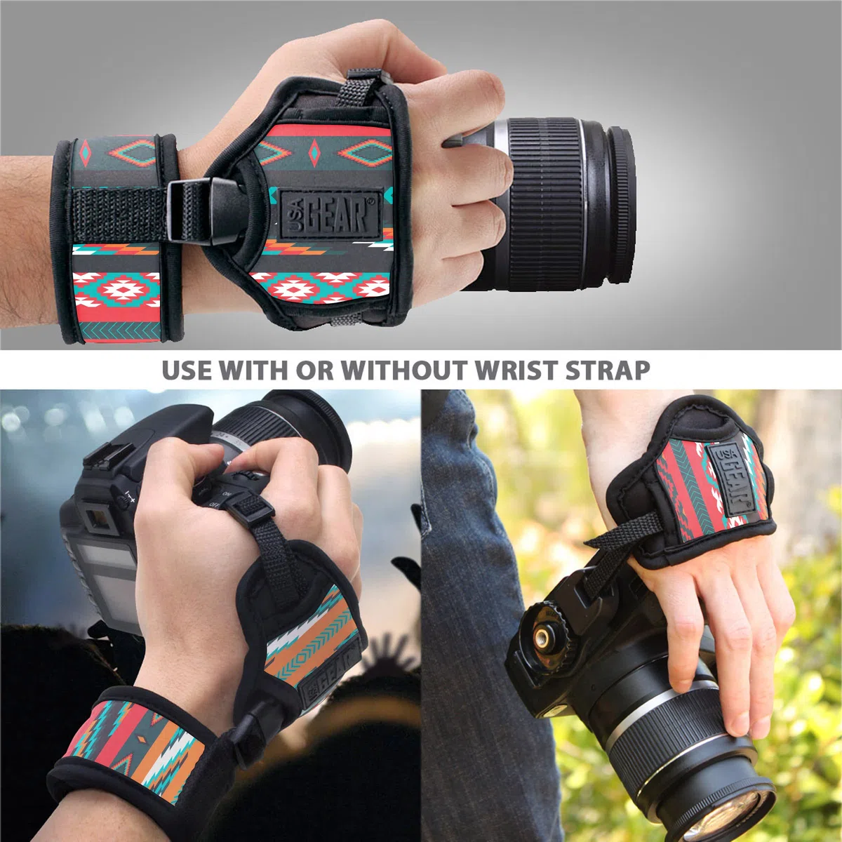 USA Gear Empuñadura de Muñeca Correa Camara Reflex con Placa de Metal - Compatible con Canon,Nikon,Sony,Pentax y Muchas más. Diseño Azteca