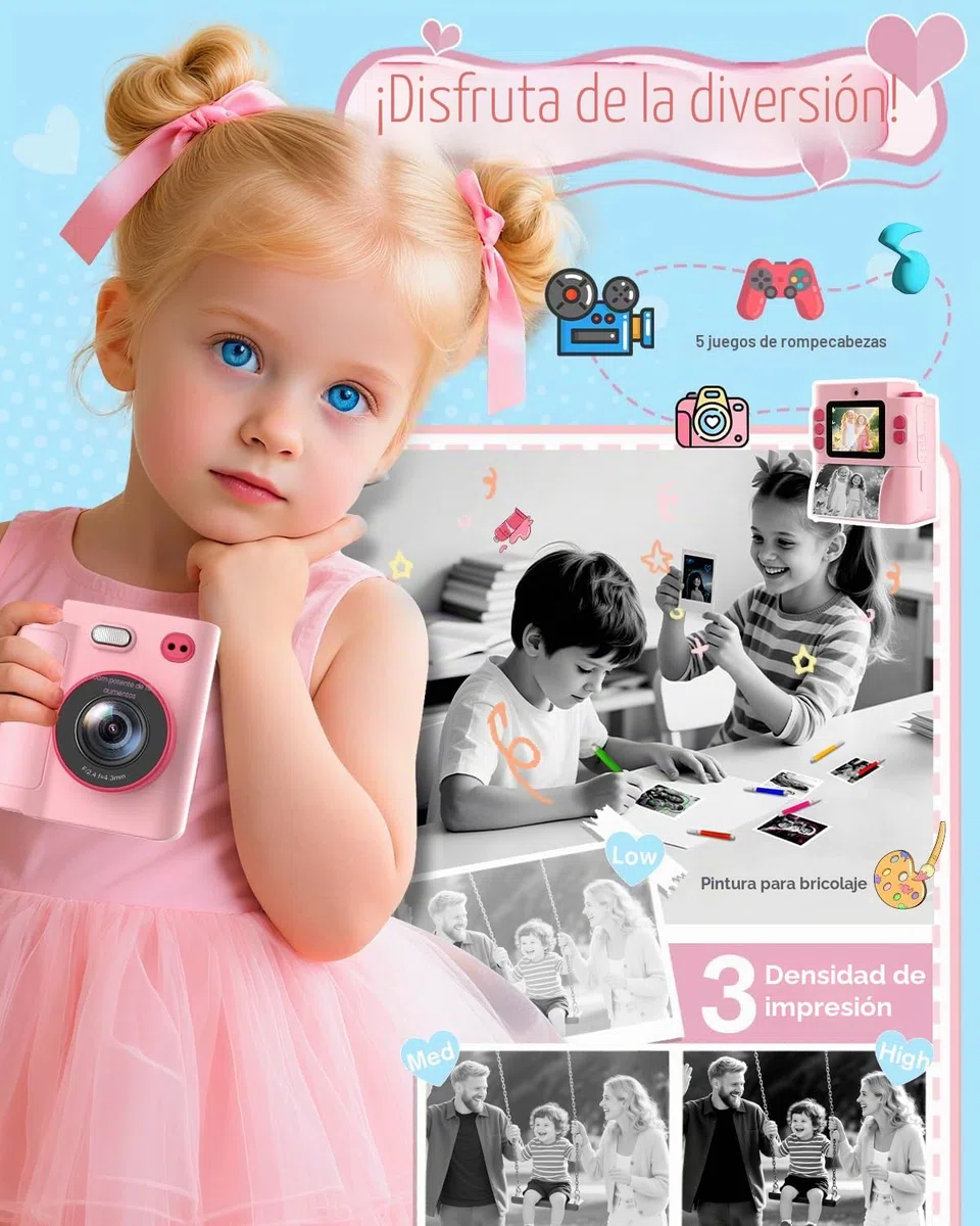 Camara Fotos Infantil Instantanea, 1080P HD Cámara Instantánea para Niños con Tarjeta de 32G y Papel Fotográfico, Cámara de Fotos Infantil Regalos de Juguete para Niños de 3 a 12 Años