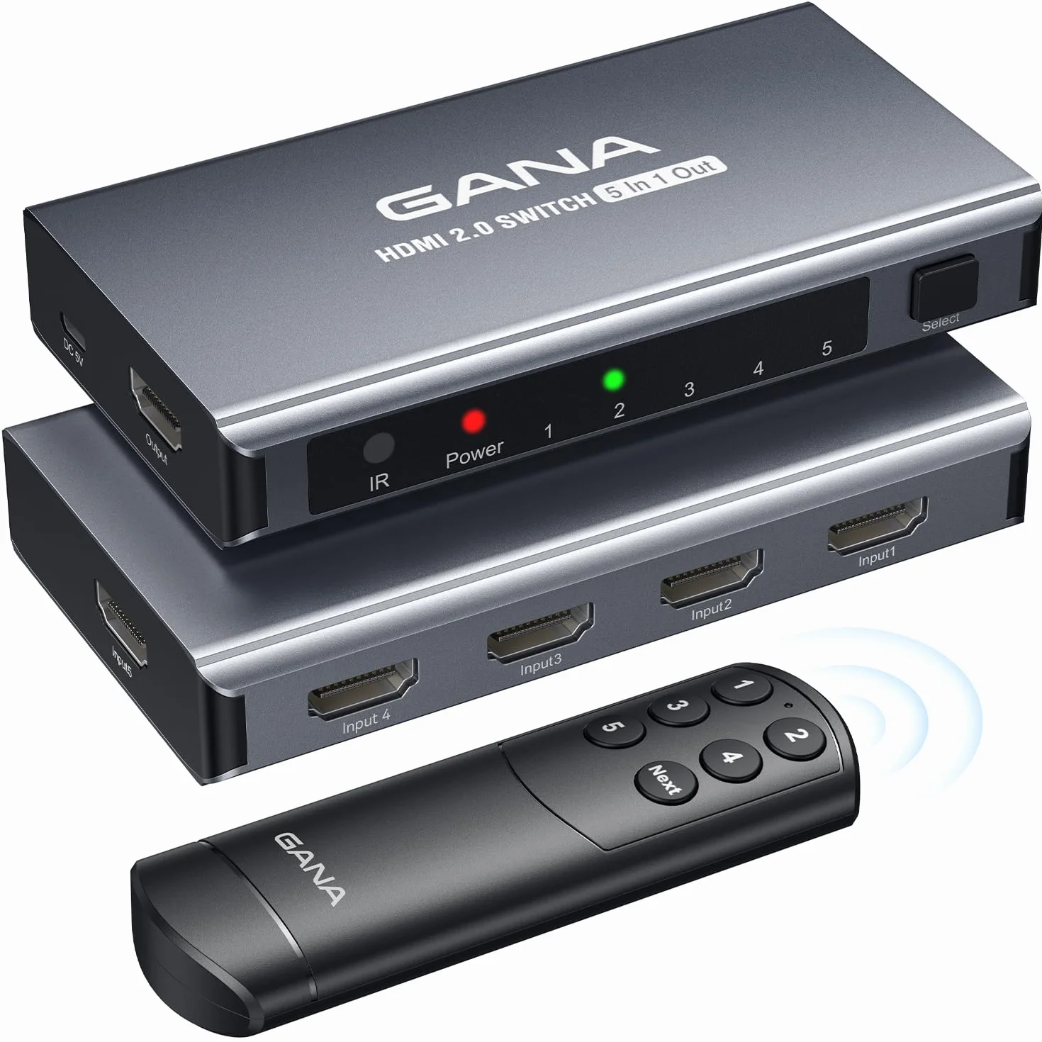 GANA - Conmutador HDMI 5 en 1 Salida 4K a 60Hz, conmutador Divisor HDMI con Control Remoto, Caja de Interruptor HDMI 2.0 de Aluminio para 3D, HDCP2.2, HDR, Compatible con Xbox, PS5/4/3, Fire Stick,