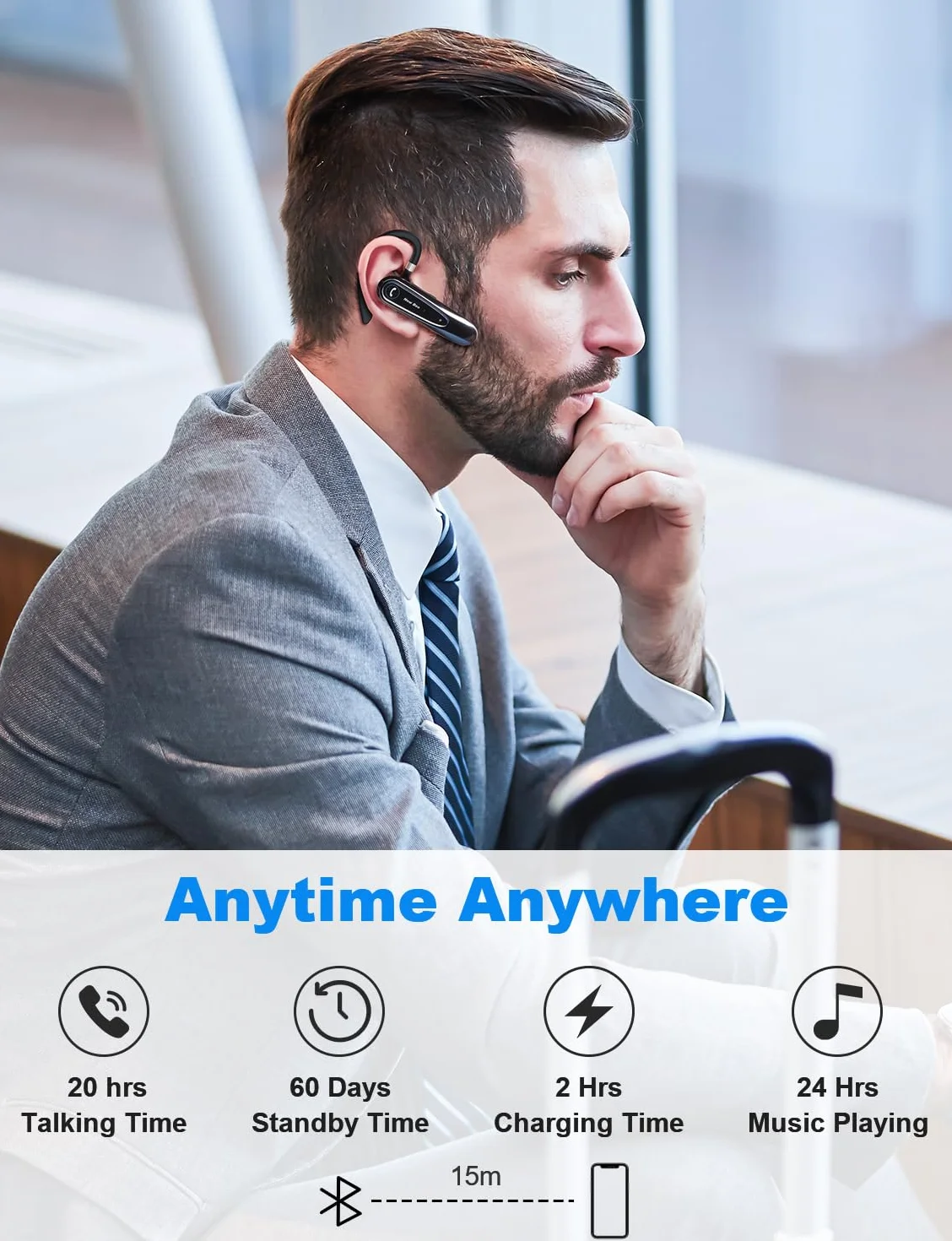 New Bee Auriculares Manos Libres con Doble Micrófono V5.0 Auricular Bluetooth con 20 Horas de Tiempo de Conversación Mic Mute Conexión de Dos Dispositivos para iPhone, Android y PC