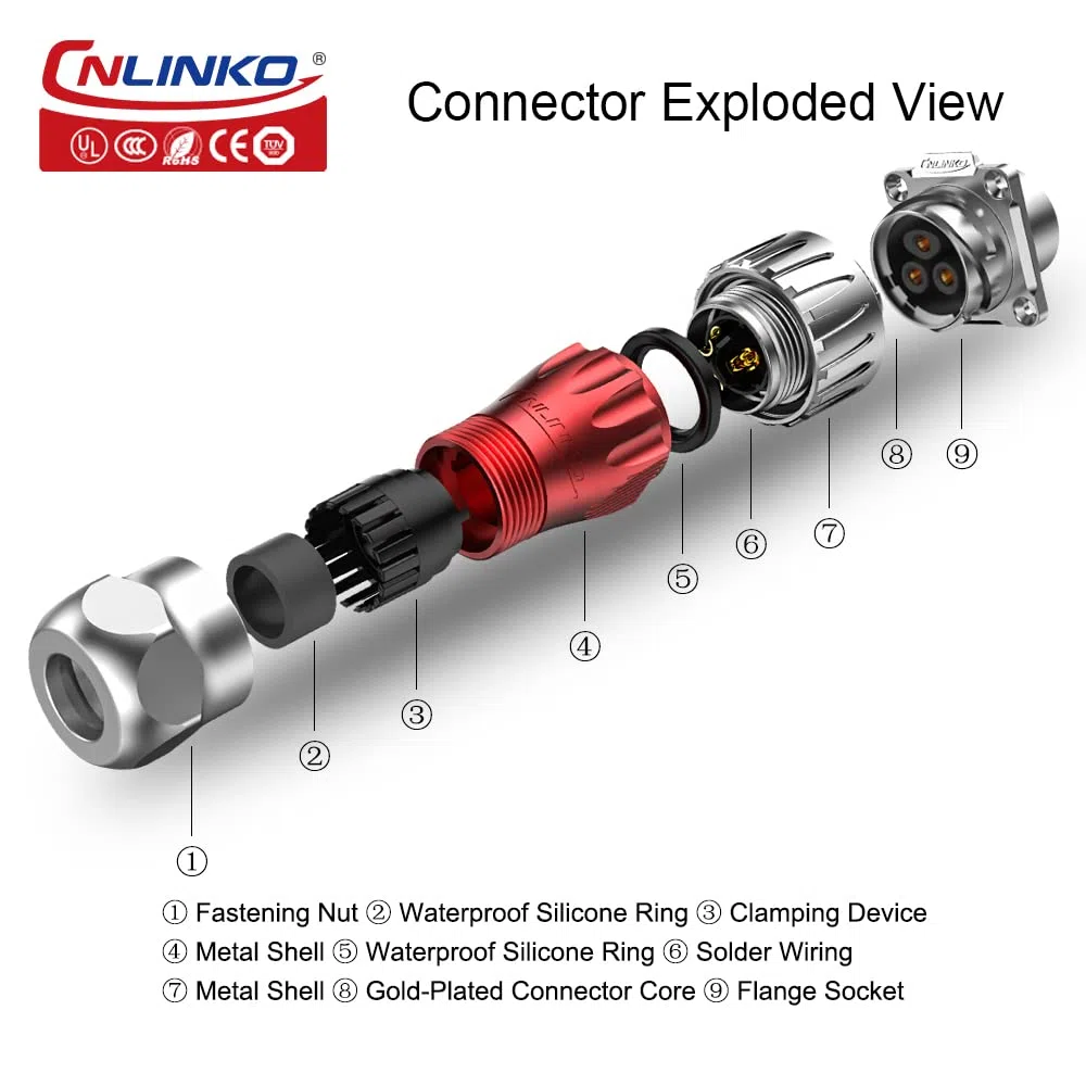 CNLINKO DH-20 Conector impermeable IP67 para cable Conector circular industrial Conector antiinterferencias metálico Pines con dispositivos de protección M20 2-12 Pines Zócalo de brida (2 Pines)