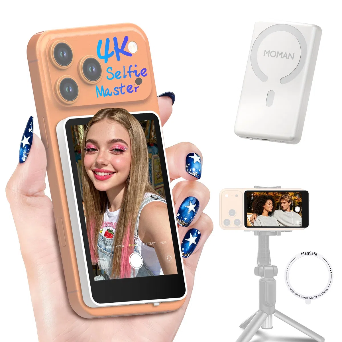 Moman Pantalla de Monitor Selfie 3,97" Inalámbrica Magnética para Móvil | Compatible con iPhone 7-17 y Android, 4K/1080p, 50m, Vista Previa en Tiempo Real para Vlog TikTok y Live - Blanco