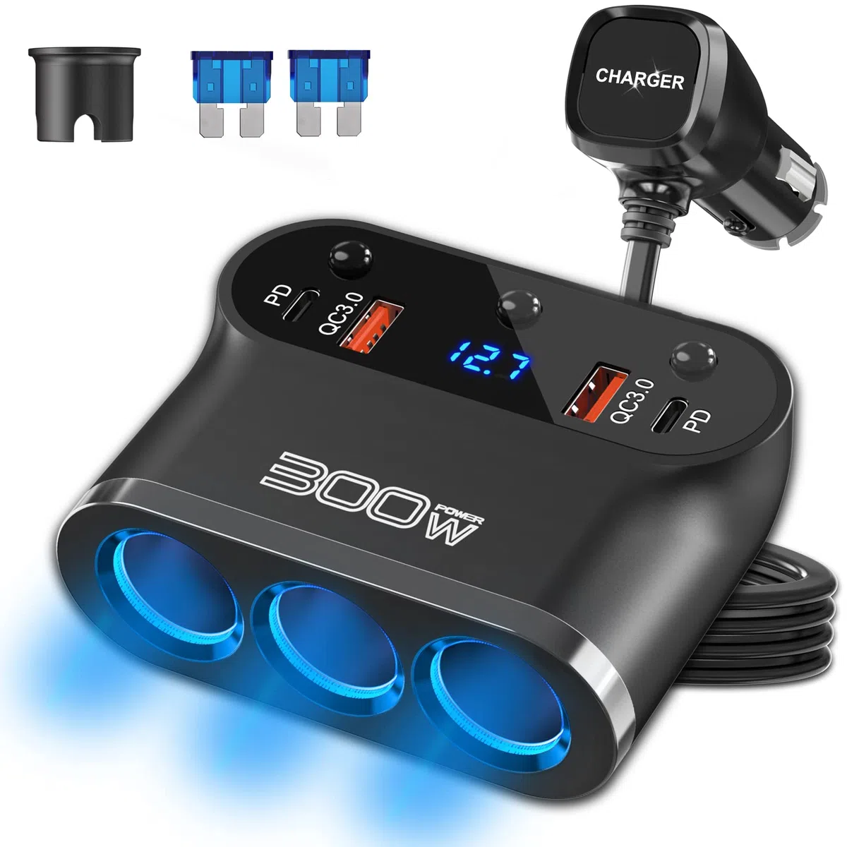 Qidoe 7-en-1 Adaptador Divisor Encendedor 300W: Duales PD3.0 y QC3.0 Cargador Mechero de Coche 12V/24V con 3 Tomas Interruptor y LED Voltímetro para Tableta/Teléfono/GPS/Dash CAM