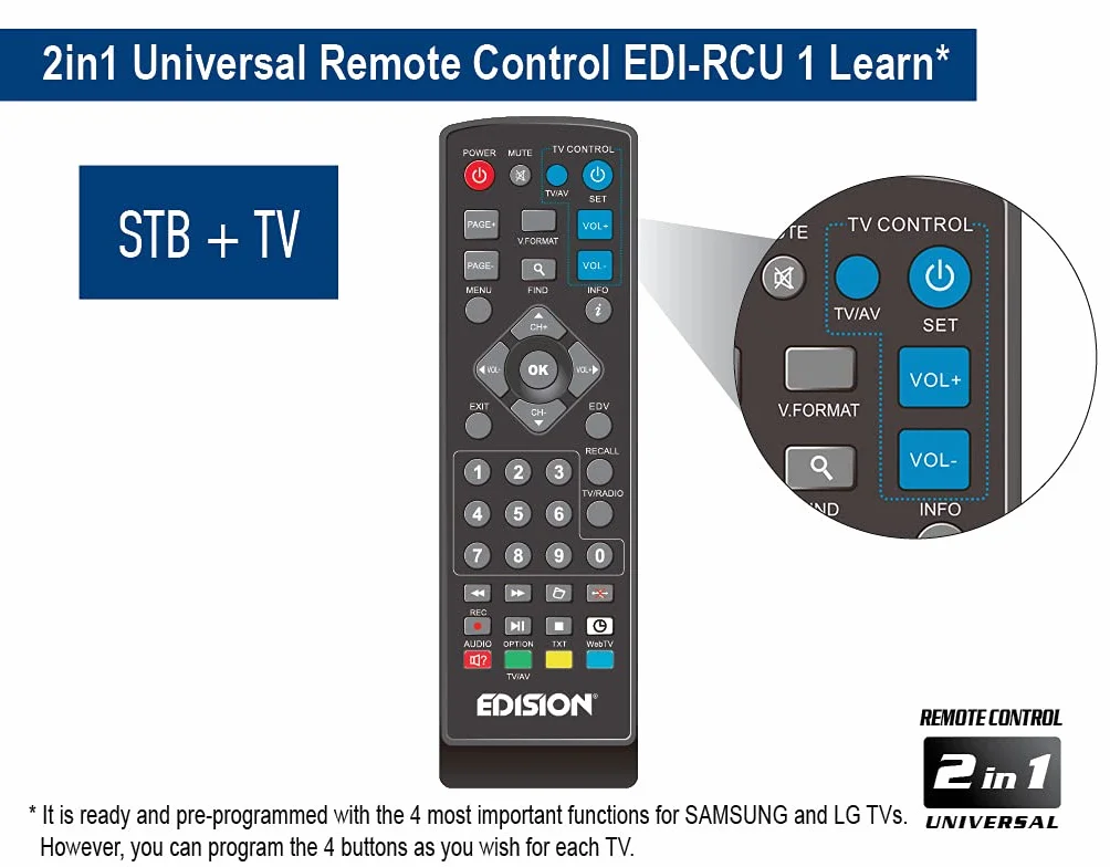 EDISION Nano T265+ Receptor dongle HDMI Terrestre TDT DVB-T2 y por Cable DVB-C, H265 HEVC, FTA, Full HD, PVR, USB, HDMI, Sensor IR, Soporte USB WiFi, Mando a Distancia Universal 2en1
