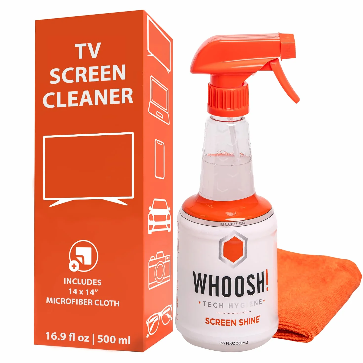 WHOOSH! Limpiador de Pantalla TV Pro para LED, LCD – Kit de Limpieza de Pantalla de TV OLED de 500 ml con paño de Microfibra, Botella Recargable, Limpieza sin Rayas, fórmula Segura y no tóxica