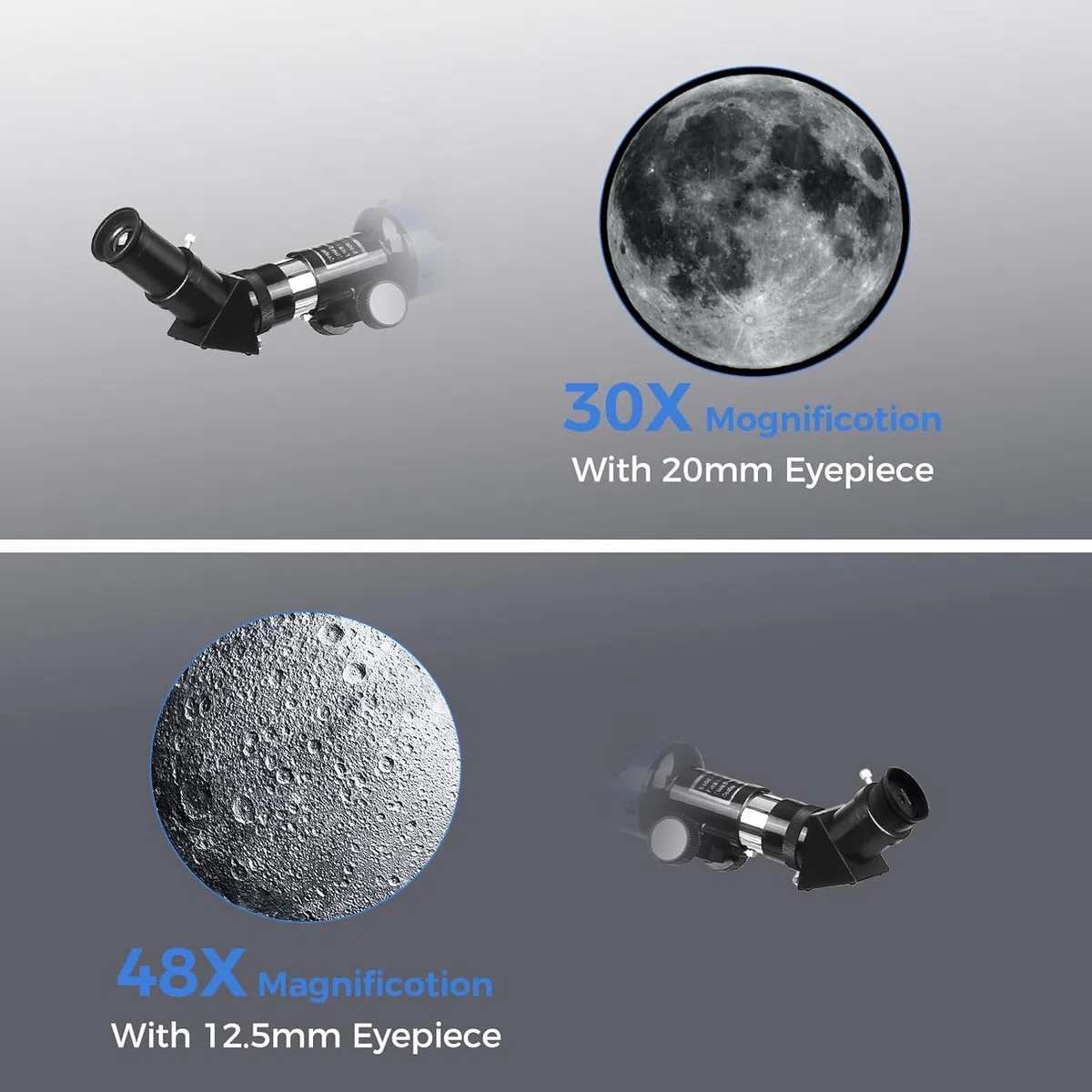 Telescopio Astronómico 50/600 mm, Telescopio Refractor para Niños y Principiantes con Visor de Punto Rojo, Trípode, Adaptador de Teléfono, 2 Oculares H12.5mm y H20mm