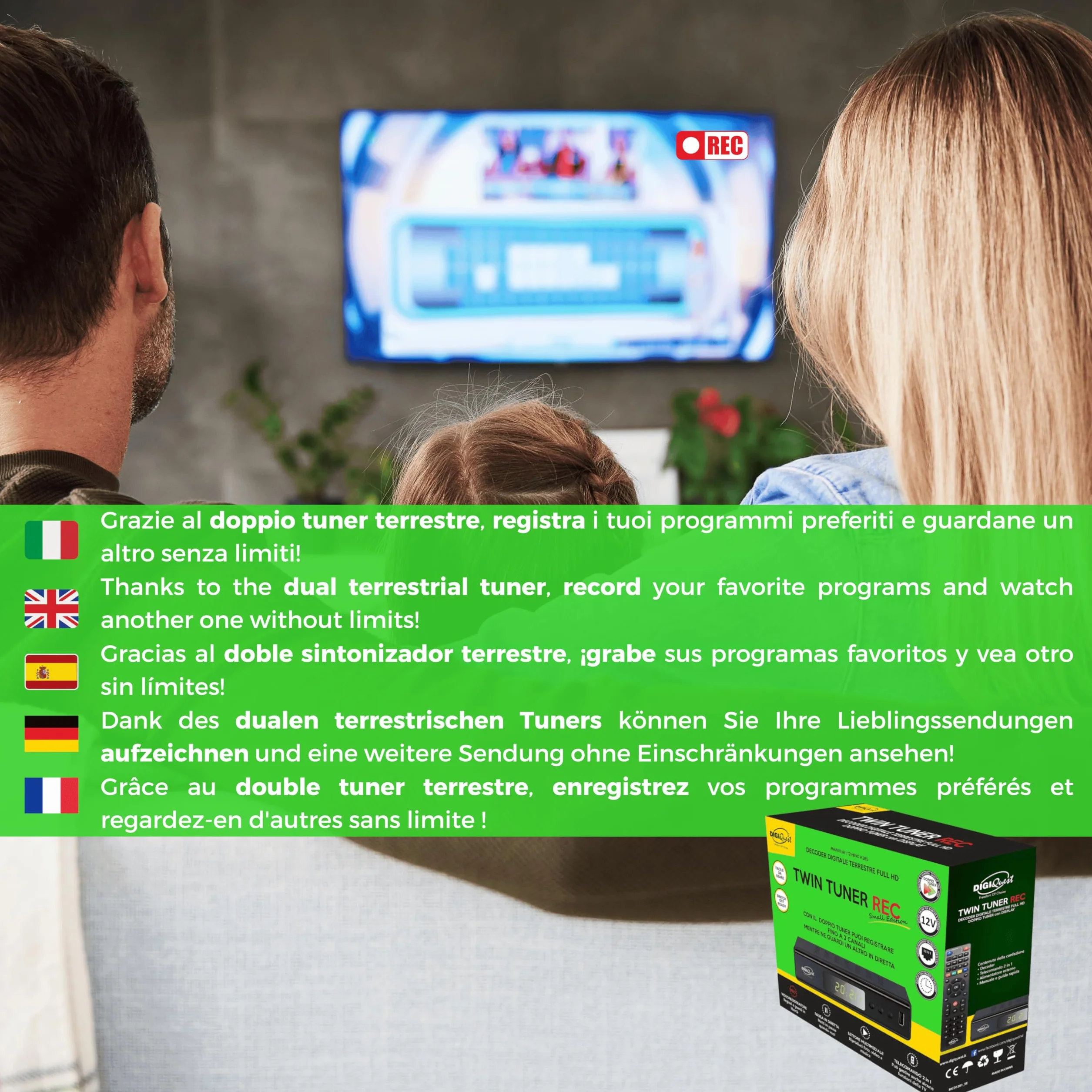 Digiquest Twin Tuner Rec - Decodificador Digital terrestre, DVB-T2, Full HD - Edición pequeña - Función grabadora de vídeo, Negro