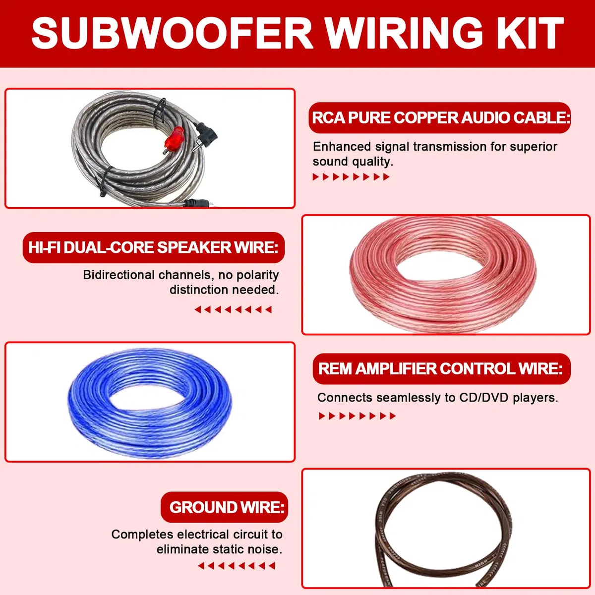 Kit de cableado de subwoofer de 4 GA de 5 m, kit de cableado de amplificador, instalación de cables de amplificadores de coche, juego de cables de subwoofer compatible con Duracell, conducta de