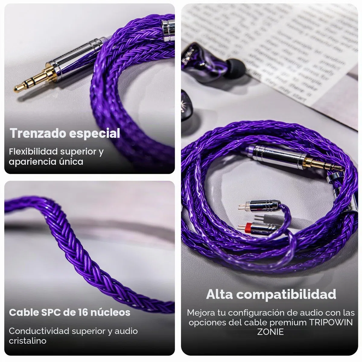 Linsoul Tripowin Zonie 16 Core Silver Plated Cable SPC Earphone Cable (2pin-0.78, 3.5mm, Violet)