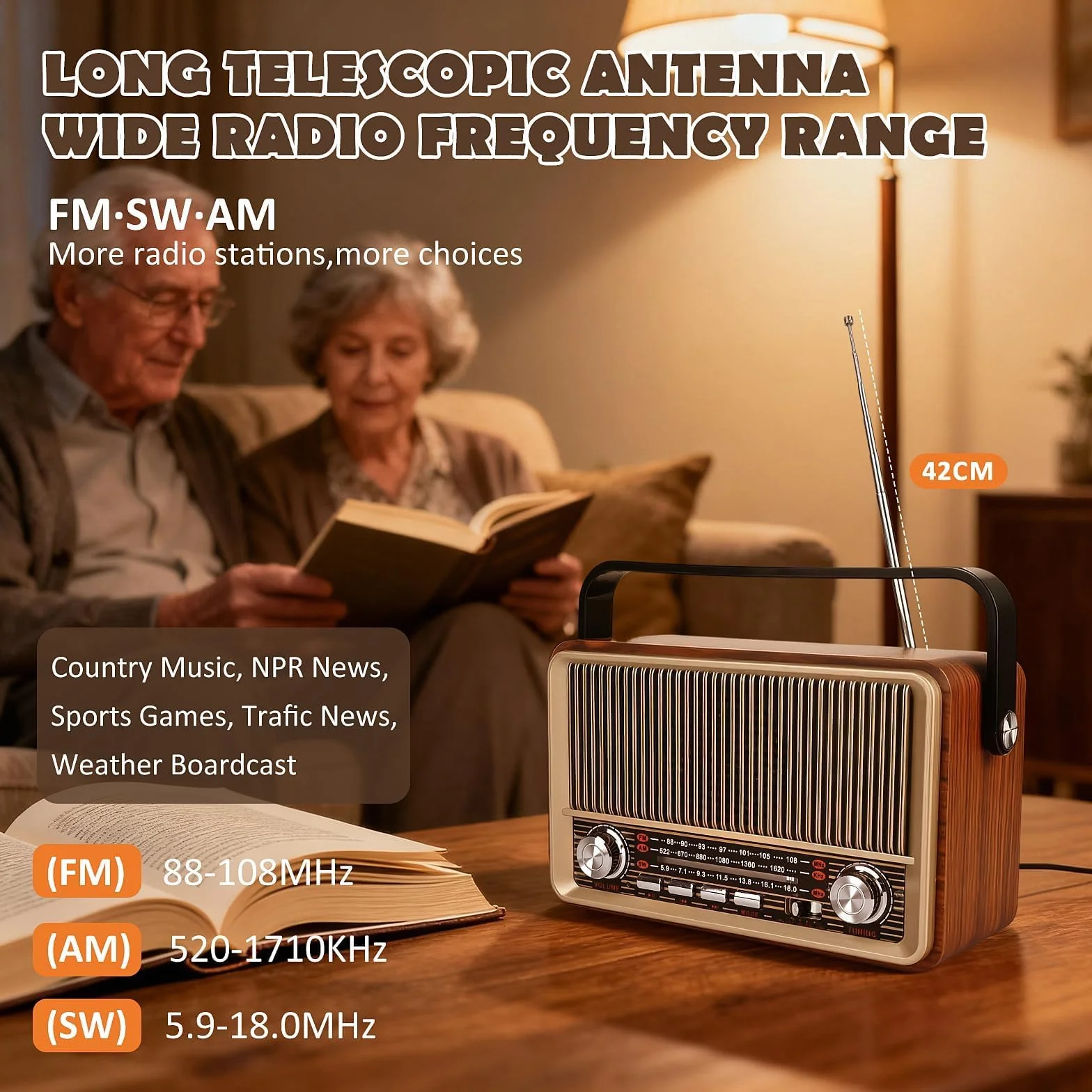 Radio Vintage Portátil Am/FM/SW con Batería Recargable y Funcionamiento a Pilas, Bluetooth, Reproducción USB/TF/AUX, Radio Antigua Vintage para Casa, Jardín y Camping