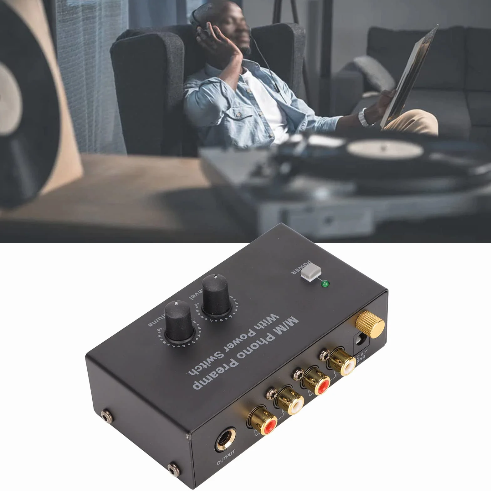 Preamplificador de Plato Giratorio Phono, Mini Preamplificador Estéreo de Audio Electrónico con Entrada Salida Y bajo Nivel de Ruido, Preamplificador de Plato con Adaptador de CC de 12 Voltio