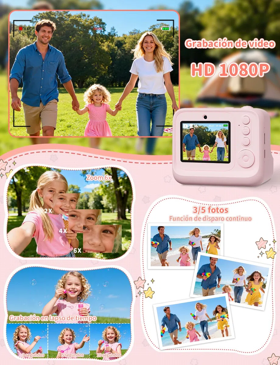 LIORQUE Camara Fotos Infantil Instantanea, 2.4'' HD 1080P Camara de Fotos Instantaneas con Tarjeta de 32G y Papel de Impresión, Bolígrafos de Colores DIY, Regalo para Niños de 3 a 12 Años (Rosa)