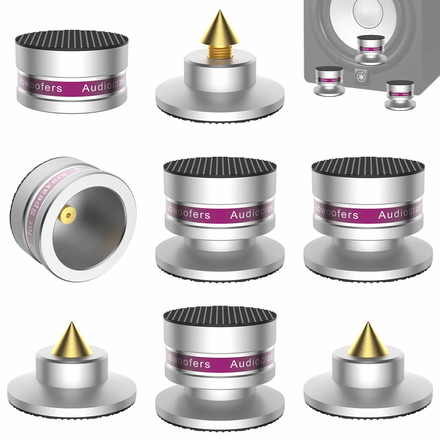 Tertullus Juego de 4 puntas de subwoofer ajustables en altura con posavasos para altavoces y subwoofer, capacidad de carga de 50 kg