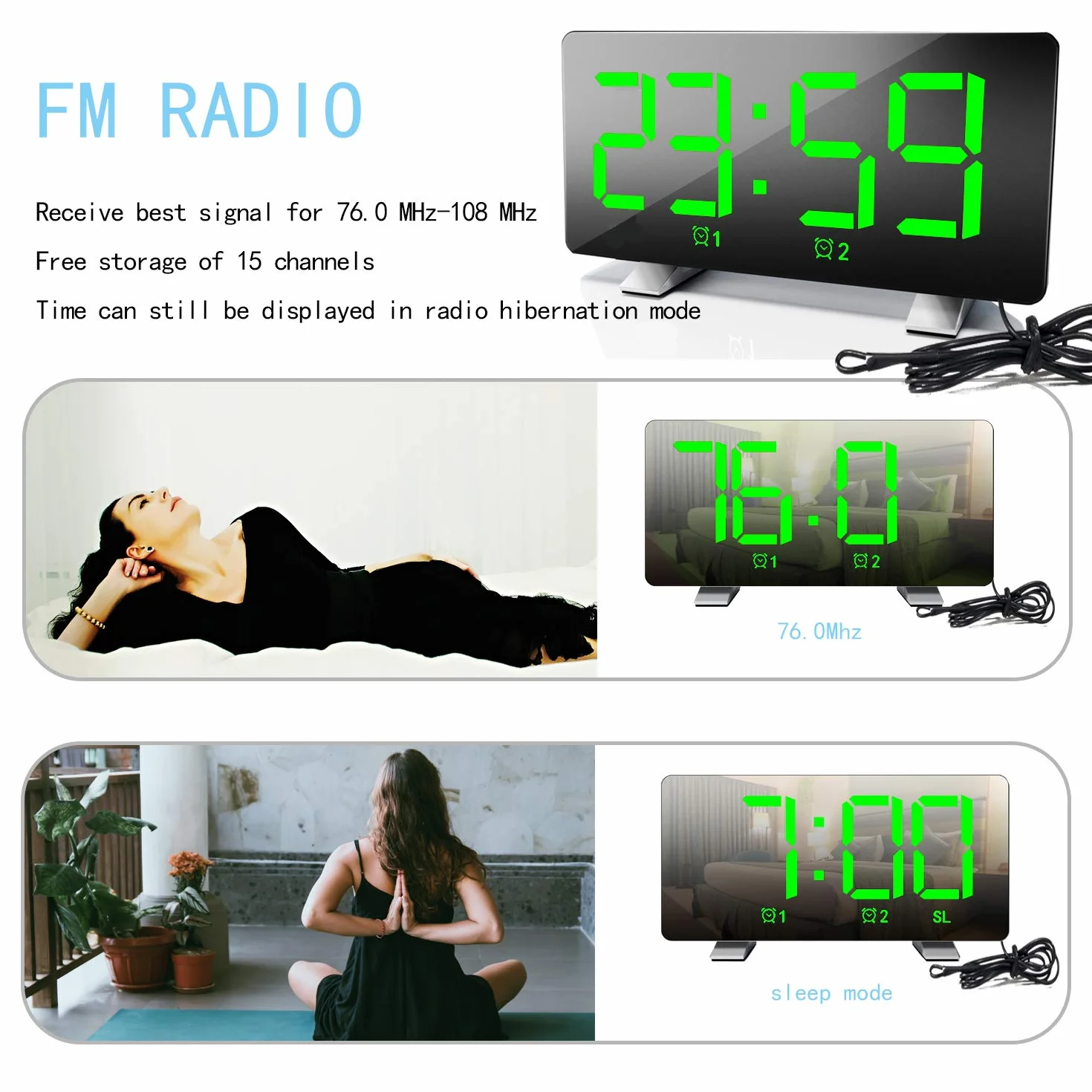 Radio despertador para mesita de noche, despertador digital, pantalla grande, repetición, doble ajuste de alarma, regulador de volumen ajustable, incluye adaptador