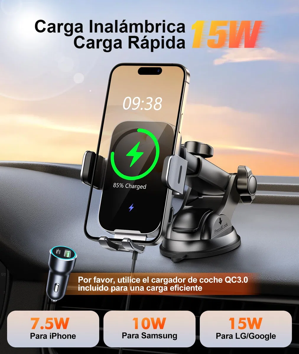 ISEYOU 15W Cargador Inalambrico Coche, [Sujeción Automático] Soporte Movil Coche Cargador Inalambrico, Wireless Car Charger con Ventosa y Clip de Ventilación, Compatible con iPhone 17/16/15/14, etc.