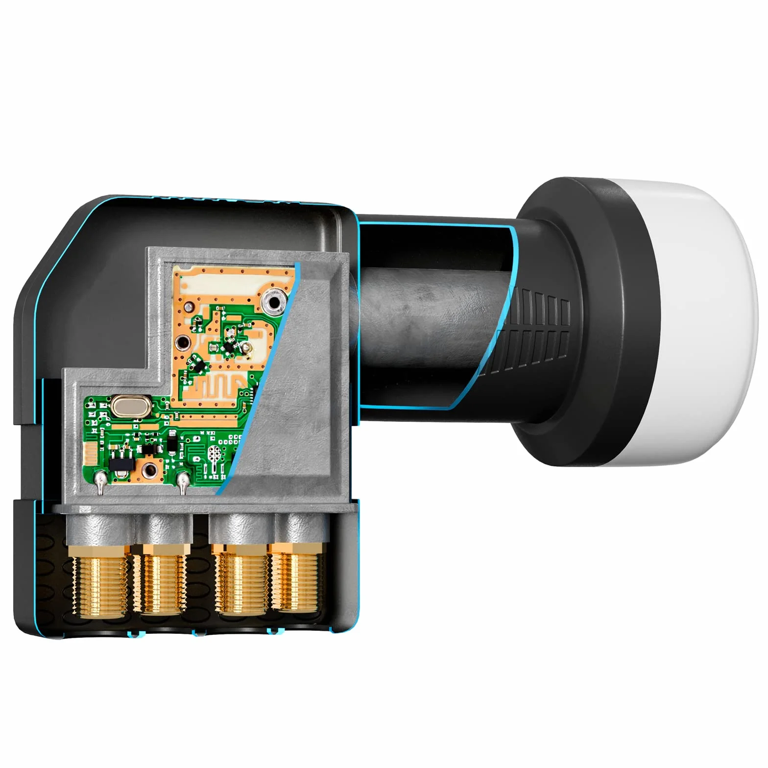 HB-DIGITAL Quad LNB Cabezal de satélite cuádruple DVB-S DVB-S2 Full HD TV TV 3D 4K UHD HD Plus Sat 4 participantes con protección climática + 8X F-Plugs Dorados