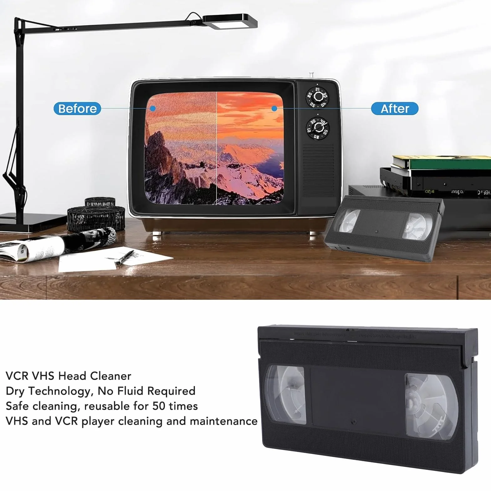 VCR Cleaner Cleaner Cleaner, Cleaner de Cabezal de Video Reutilizable para Reproductores VHS/VCR, Tecnología Seca, No Se Requiere Fluido