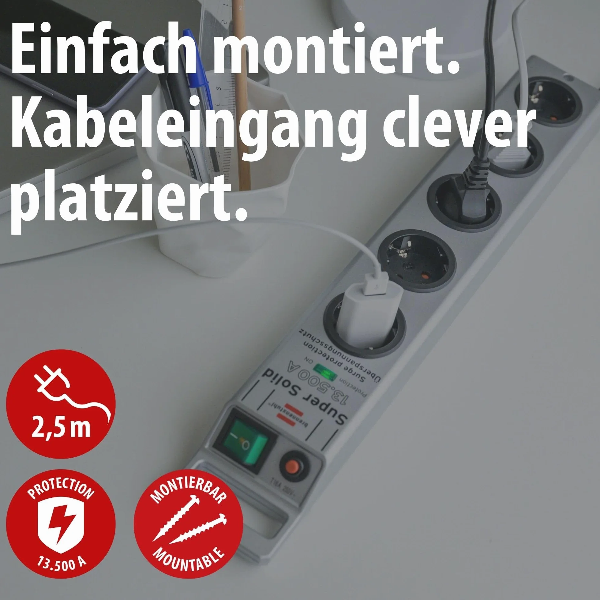 Brennenstuhl Super-Solid regleta de 5 enchufes con protección contra sobretensiones (regleta eléctrica con Cable de 2,5m e Interruptor - de policarbonato Resistente a la Rotura) Plata