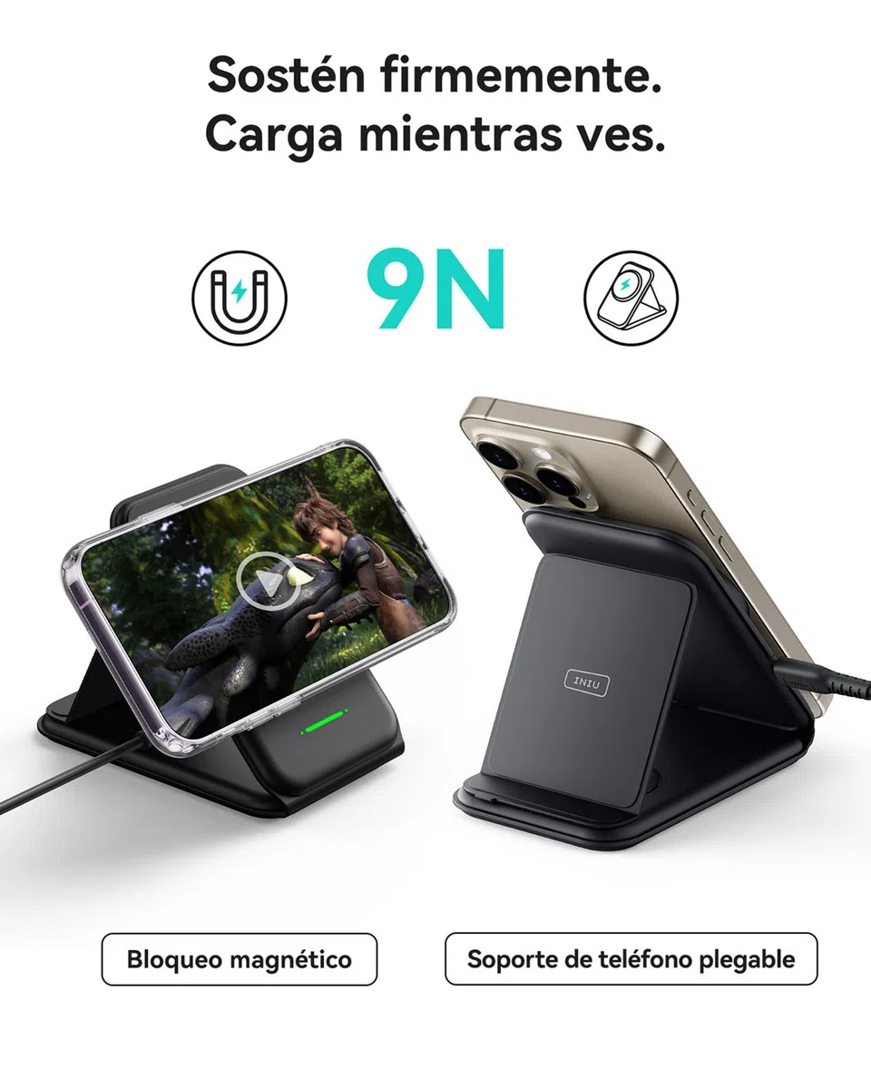 INIU Cargador Inalambrico 3 en 1 de Viajar, Base de Carga Magnetic 15W Carga Rapida para iPhone 16 15 Pro MAX 14 13 12 y Apple Watch Series 9 8 7 6 5 4 3 SE Ultra, AirPods Pro 4 3 Pro 2 ECC.