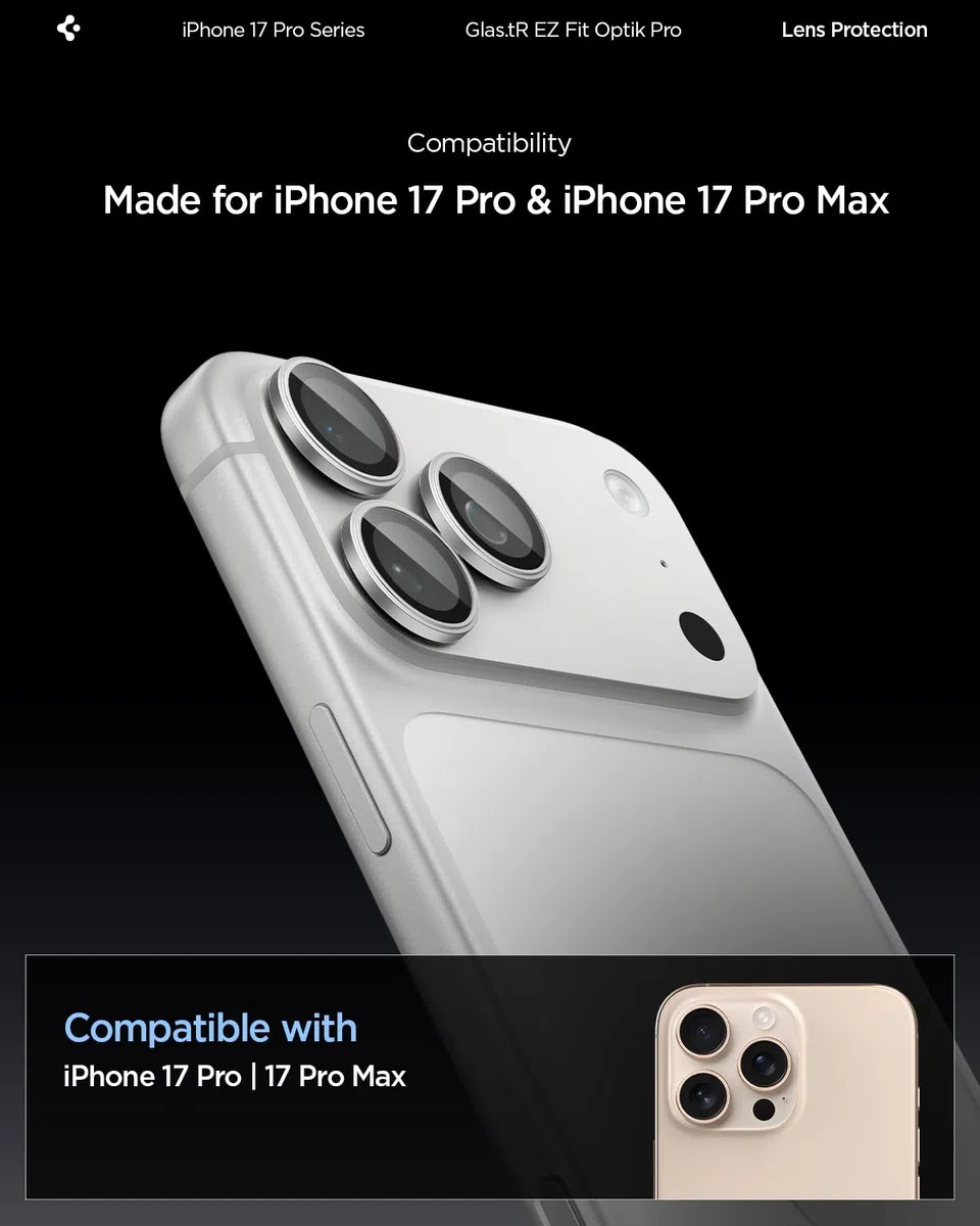 Spigen Glas.tR EZ Fit Optik Pro Protector de Cámara para iPhone 17 Pro, iPhone 17 Pro Max, 2 Unidades, Plata, Protección Individual, Kit de instalación, Dureza 9H, Anti-Arañazos
